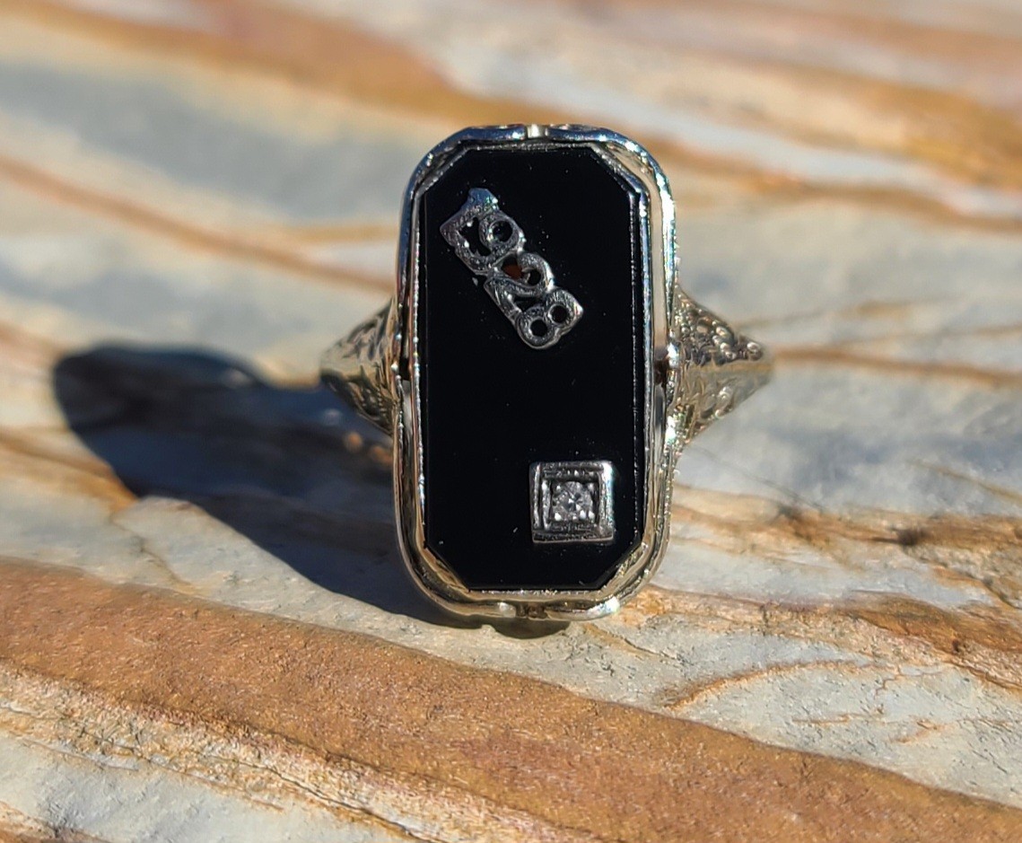 Antique 1928 Art Deco 14K White Gold Diamond Black Onyx Shell Cameo Flip Ring