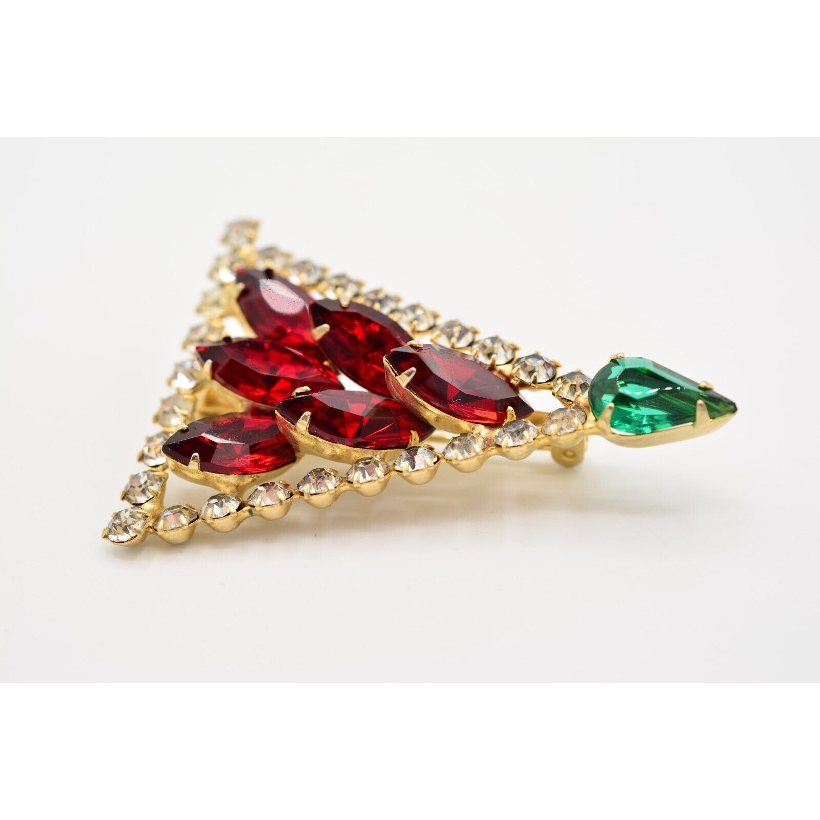 Vintage Crystal Christmas Tree Brooch Gold Green Red Marquise Rhinestone BinB