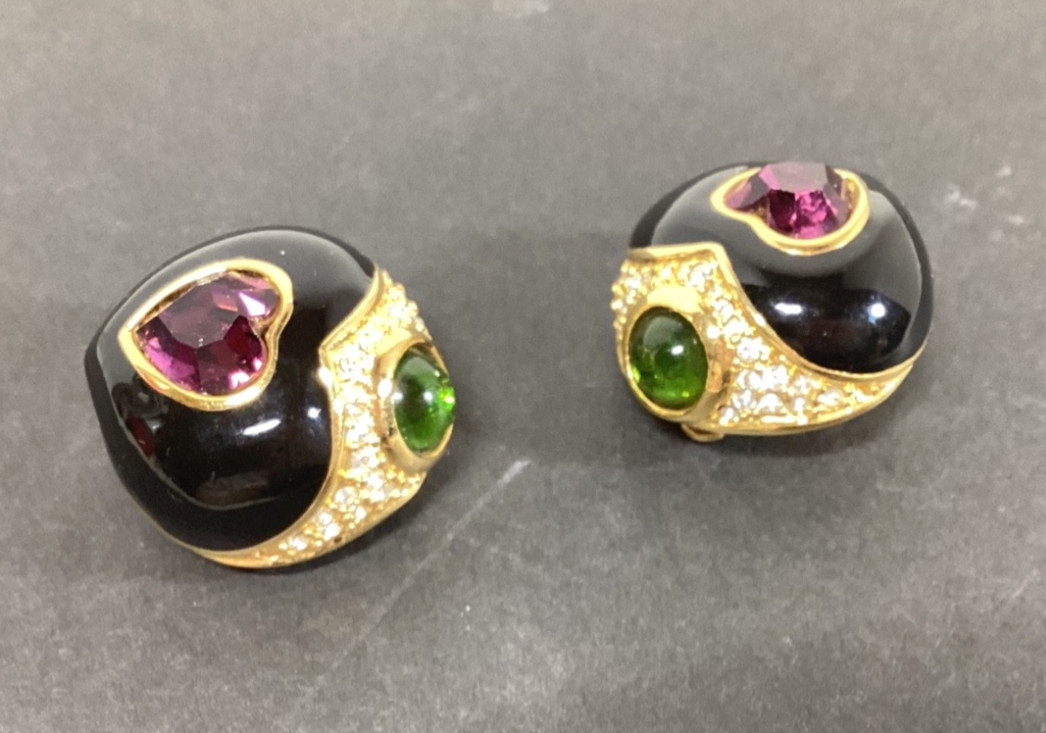 Joan Rivers Clip-On Heart Earrings Pink and Green Crystals Black Enamel 1″