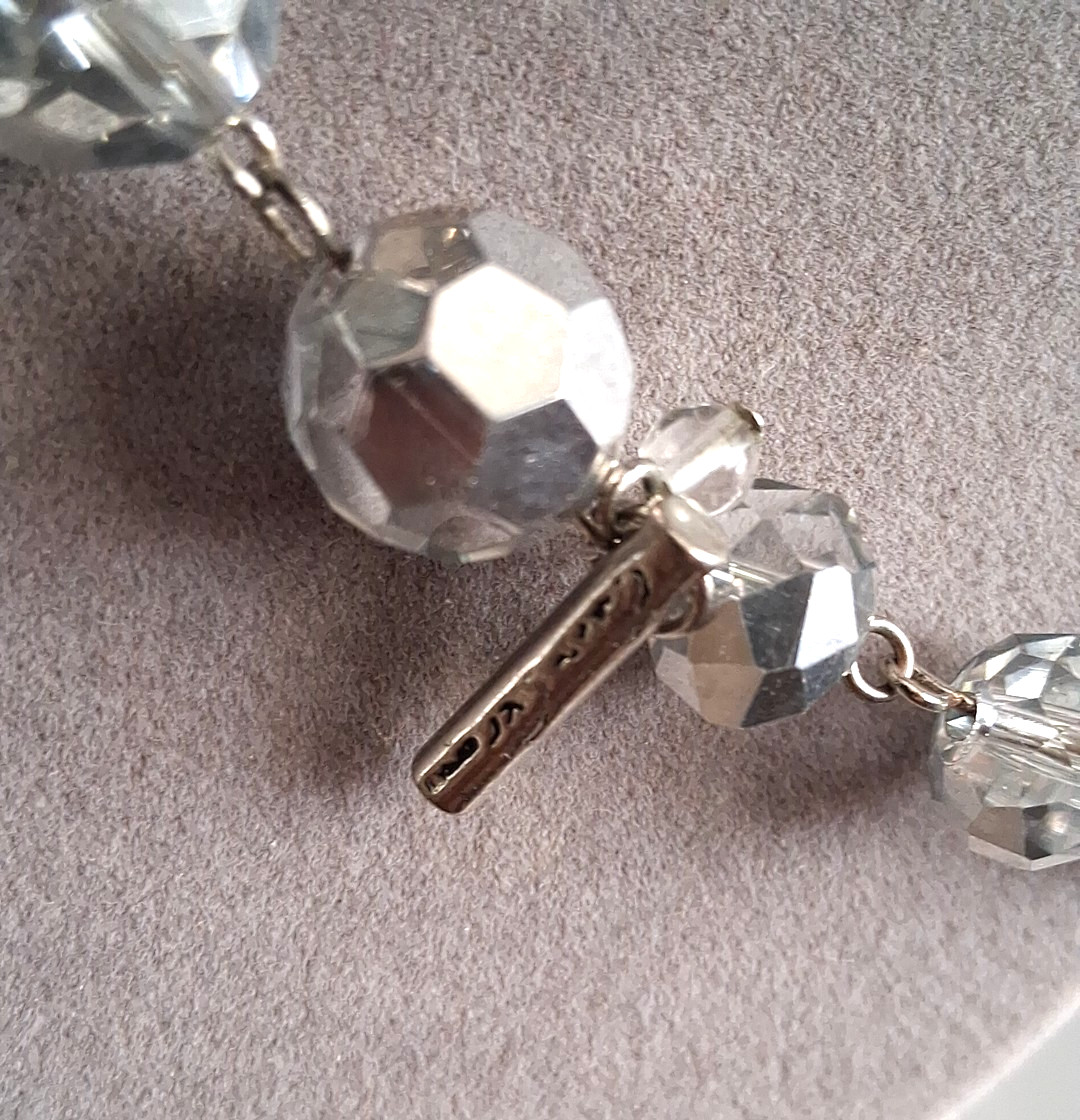 VINTAGE AB SILVER CLEAR FACETED CRYSTAL GLASS BEADED LONG NECKLACE 40″