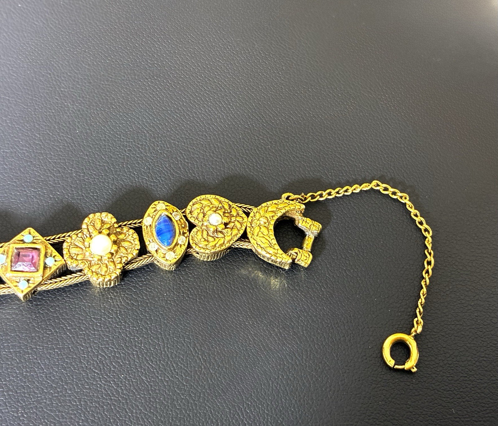 Vintage Victorian Revival Gold Tone Slide/Charm Bracelet, Attributed To Goldette
