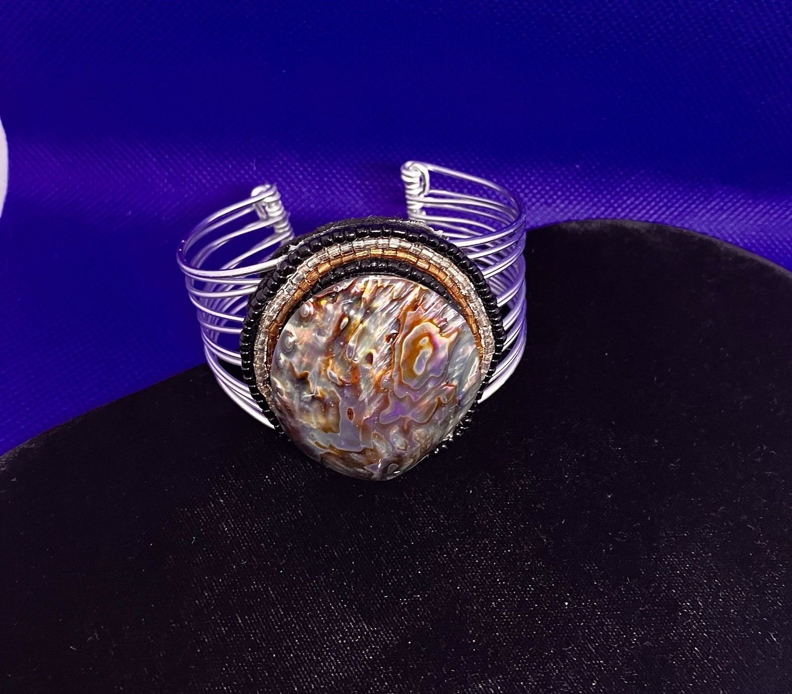 Vintage Showy Large Abalone Shell & Seed Beads Clamper Cuff Bracelet