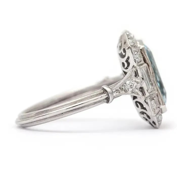 4.98Ct Art Deco Style Emerald Cut Lab-Created Aquamarine 14K White Gold FN Ring