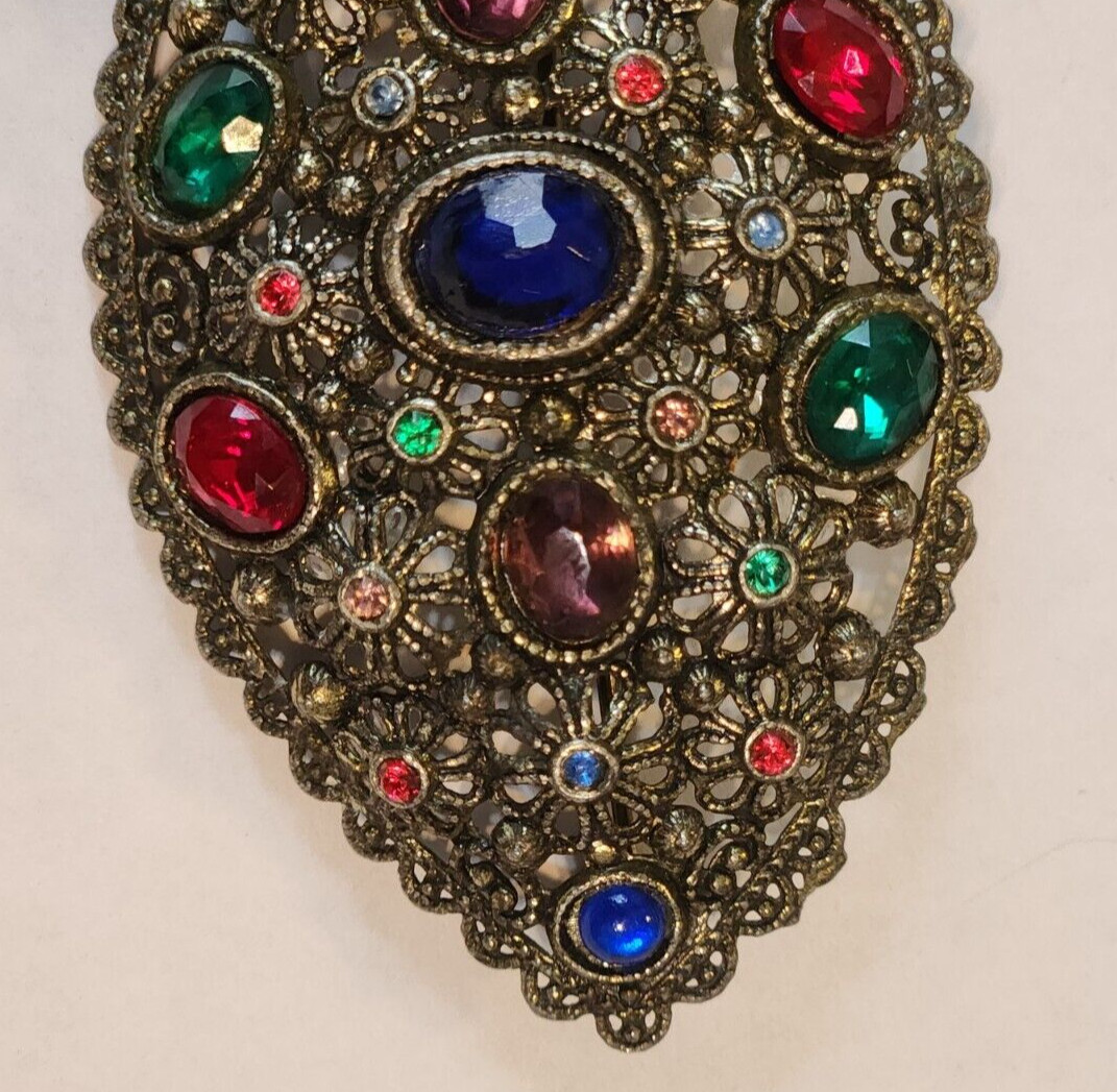 Vintage New England Glass Works Czech Filigree MultiColored Gemstones Pin Brooch
