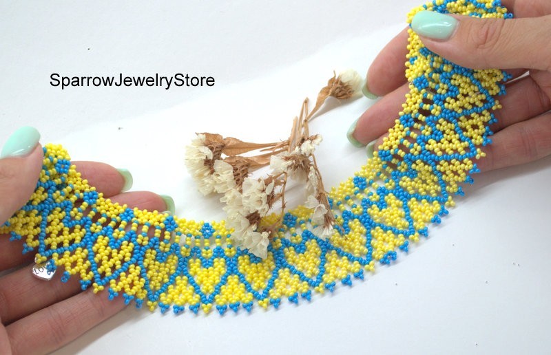 Blue yellow seed bead choker Czech glass bohemian necklace Ukrainian sylianka