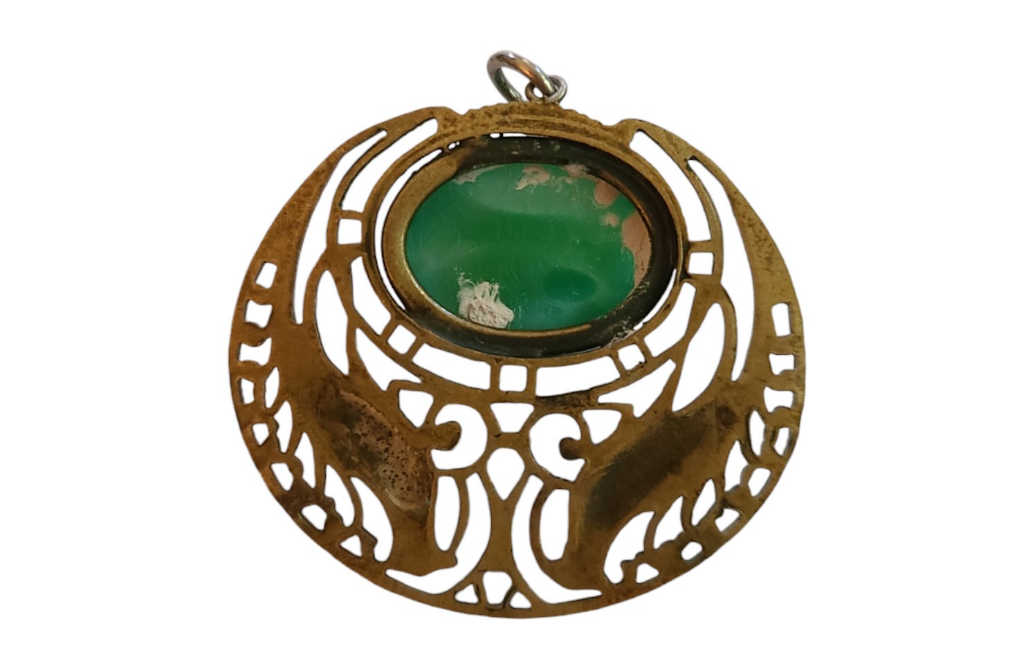 Vintage Art Deco Czech Peking Glass Green Stone Pendant Peacocks Brass Gold Wash