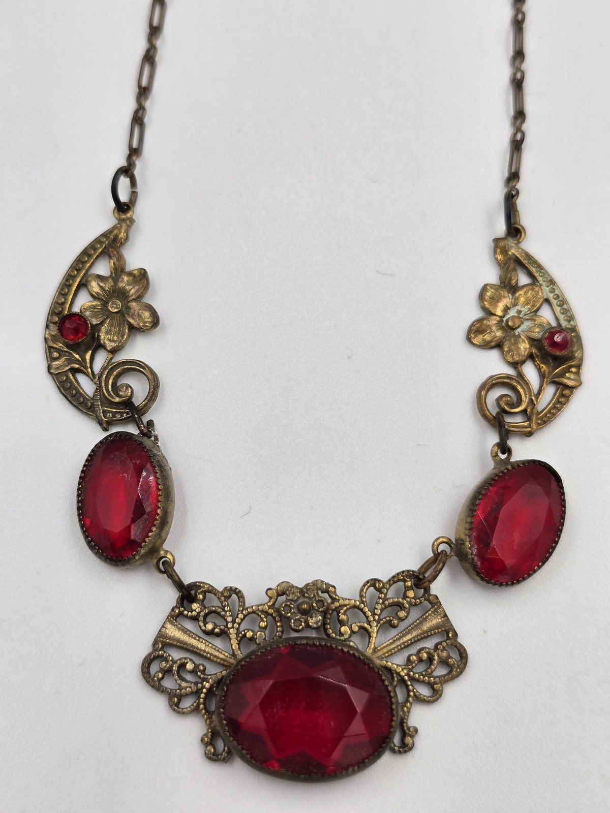 Antique Brass Filigree Necklace Red Glass Stones Art Deco Nouveau Style