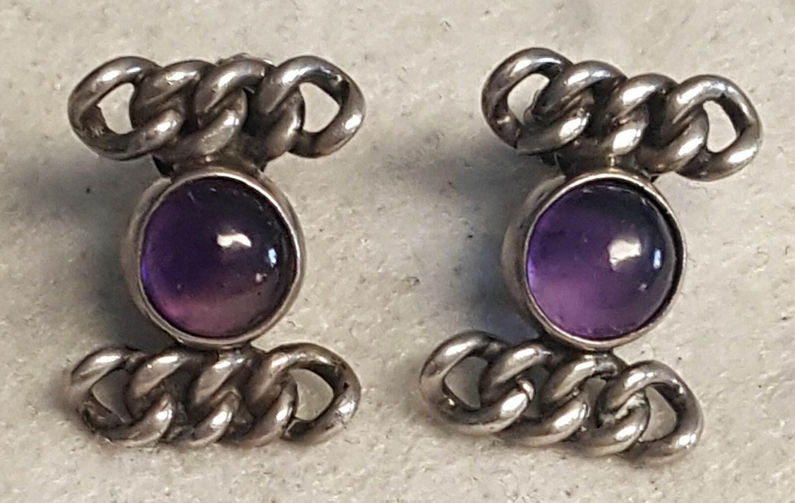 LOS CASTILLO TAXCO STERLING SILVER AMETHYST CABOCHON SCREW BACK EARRINGS