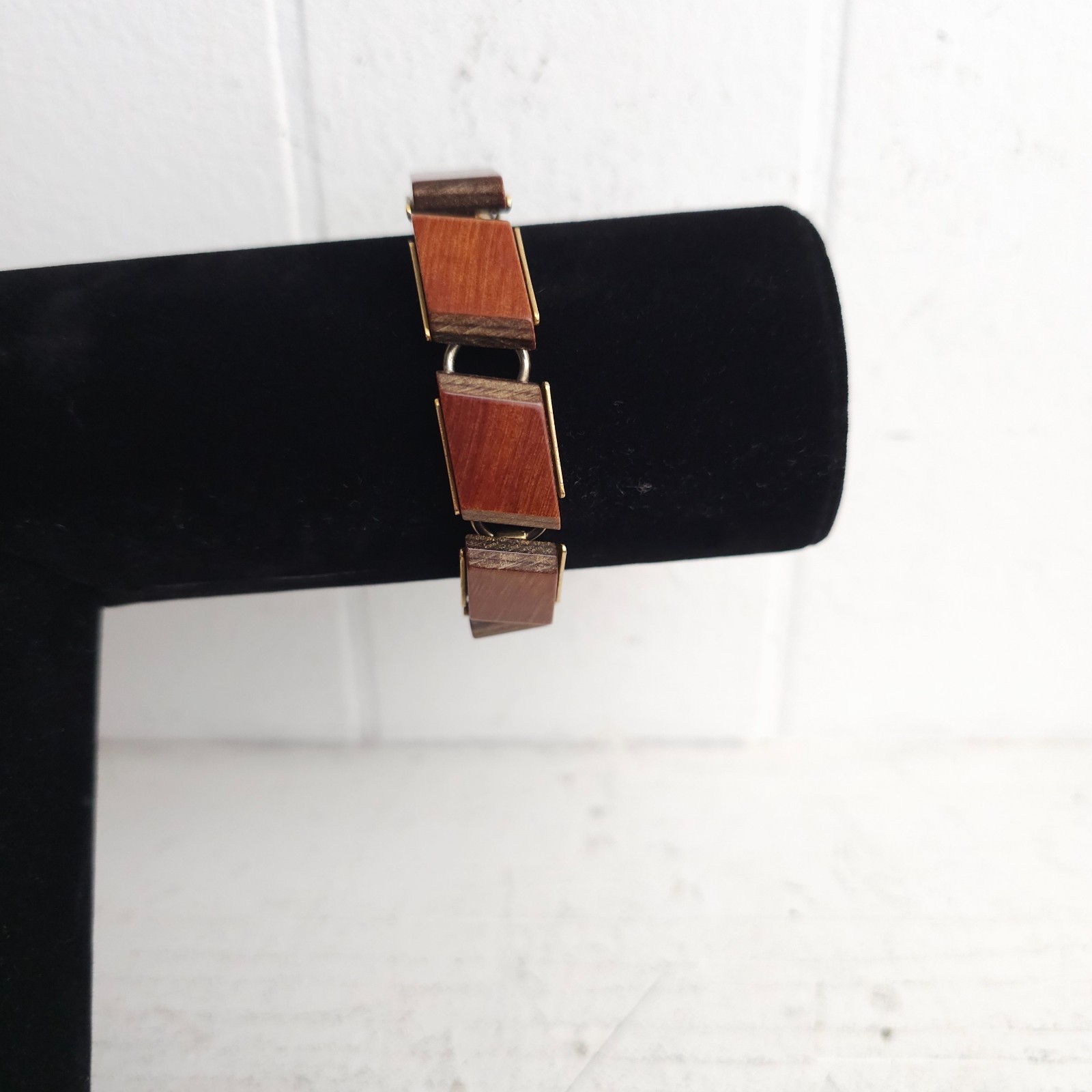 Vtg Modernist MCM Wood Tile Link Bracelet Boho 1960s 70s Earthy Natural Minimal