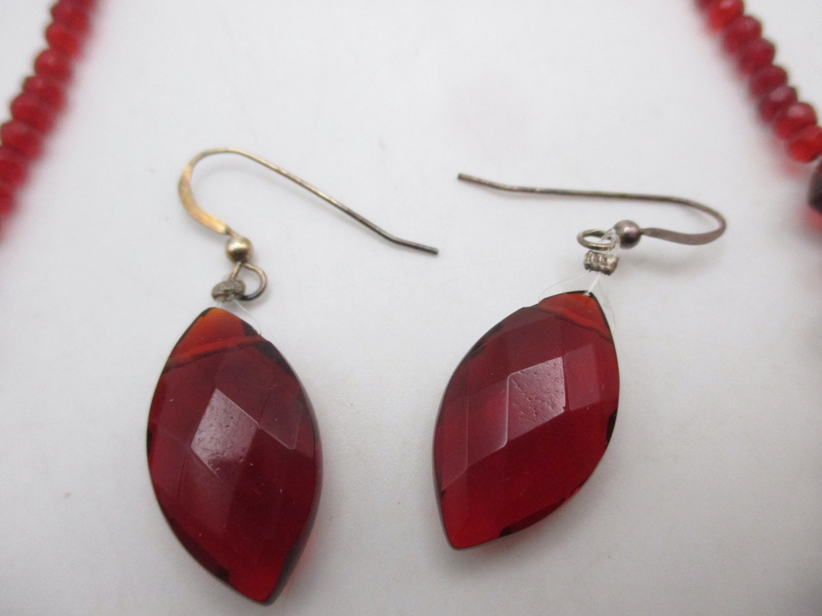 VTG Red Faceted Glass Bead Necklace & Pierced Earrings SET