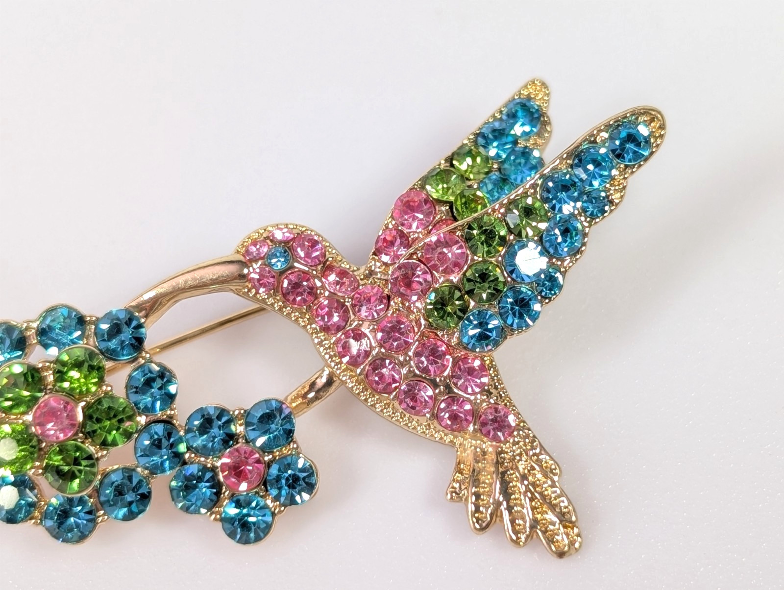 Vtg Signed MONET Vivid Blue Green Candy Pink Hummingbird Bird Flower Brooch Pin