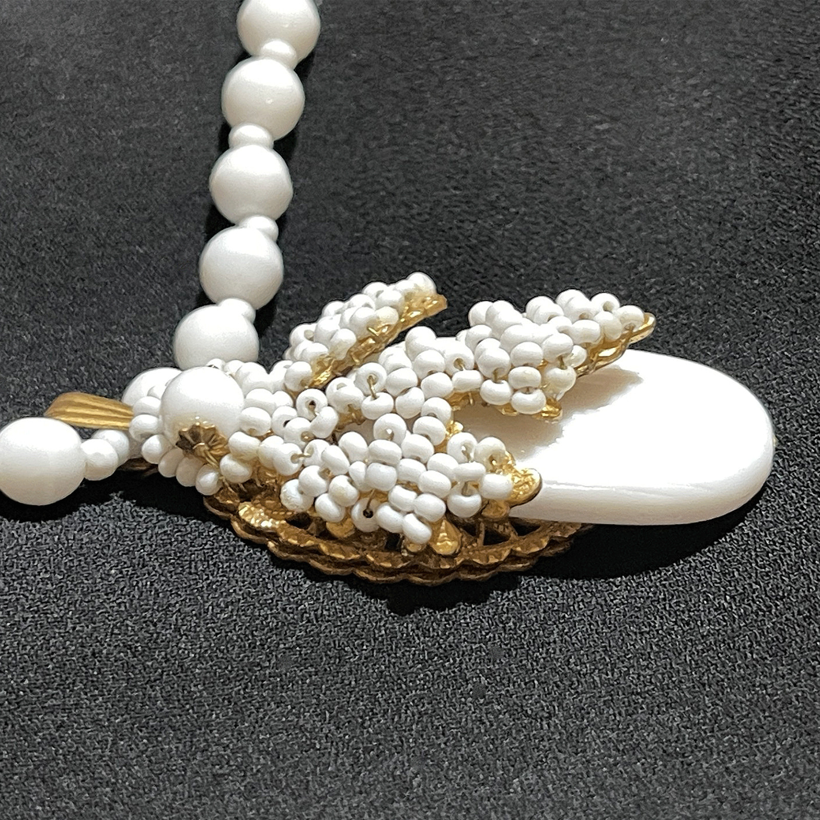Vintage Mariam Haskell Milk Glass Bead Neck Signed Clasp / Pendant 20”