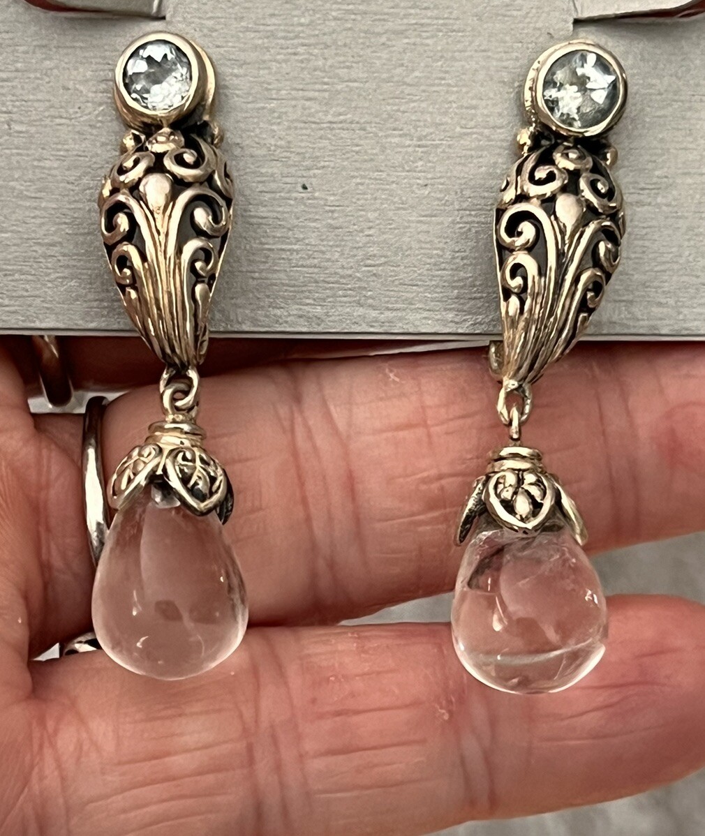Beautiful NF Sterling 925 Blue Topaz & Quartz Drop Dangle Ornate Earrings