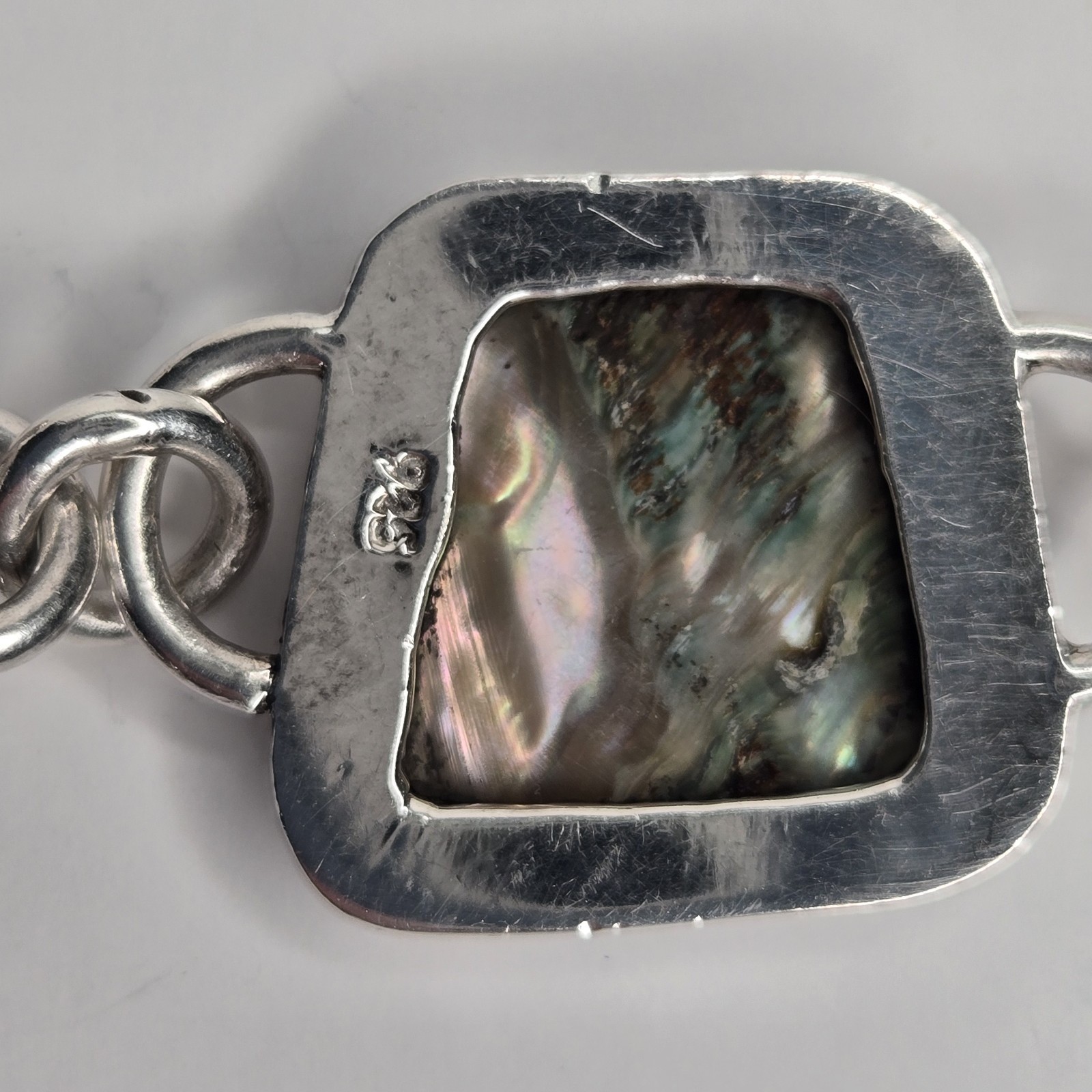 Heavy 925 Sterling Silver Abalone Shell Link Bracelet Artisan Paua Toggle Clasp
