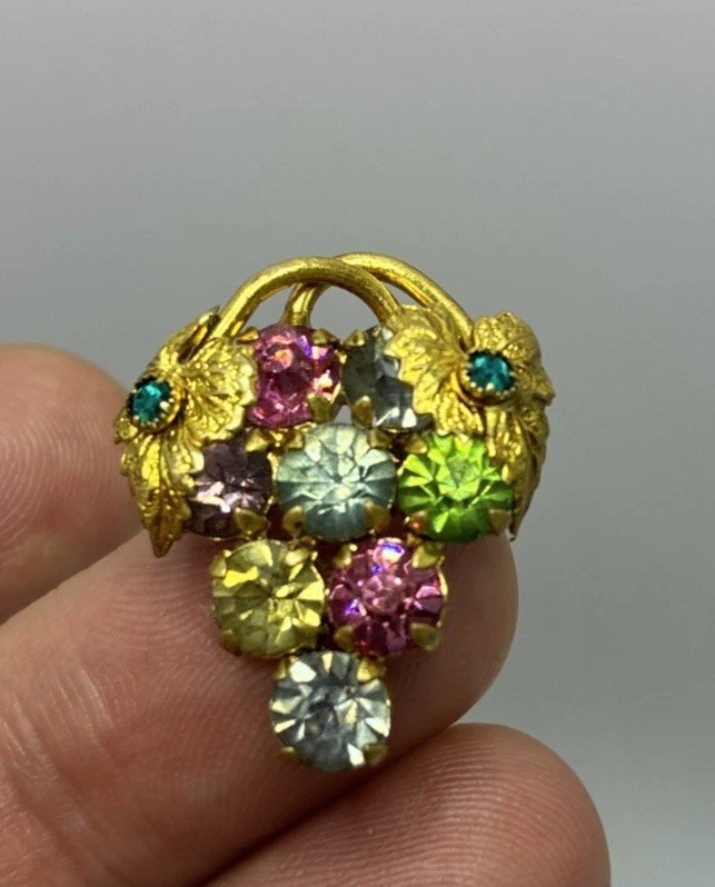 Vintage Czech Brooch Dainty Grape Leaf Pink Blue Green Rhinestones Spring Pin