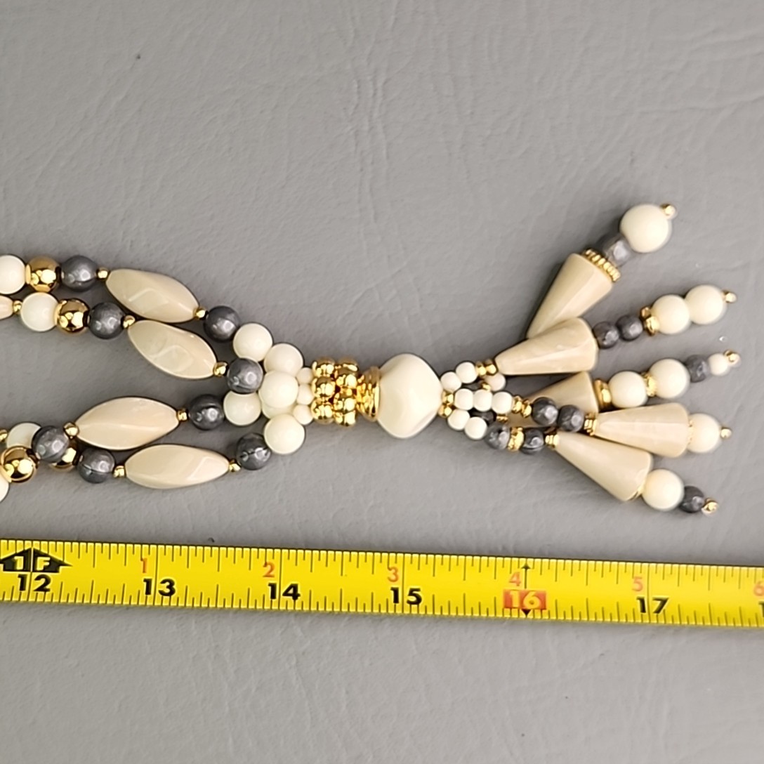 Vintage Trifari Beaded Necklace Acrylic Cream Gray Accents Layered 29″