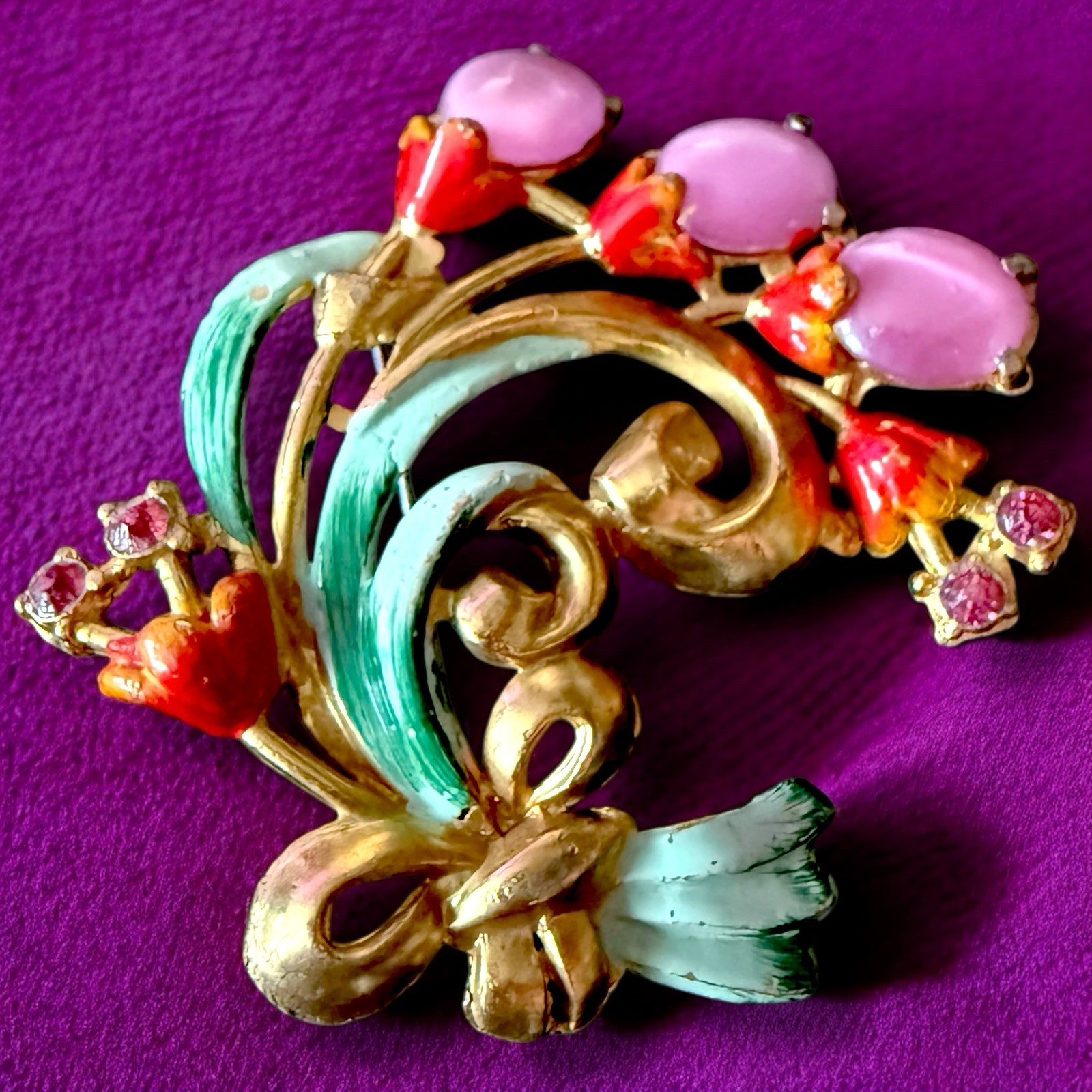 Pot Metal Flower Brooch 1940s Enamel Pink Cabochon Bouquet Vintage Large