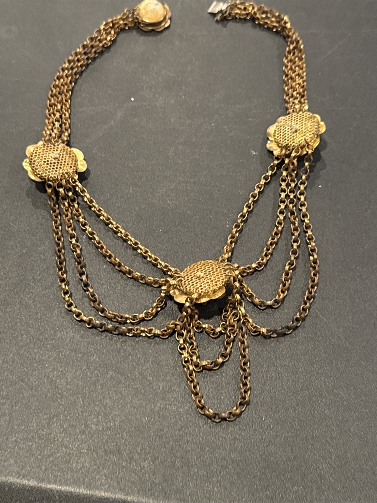 ANTIQUE VINTAGE FESTOON NECKLACE GOLDWASH BRASS FILIGREE ROSETTES DANGLES