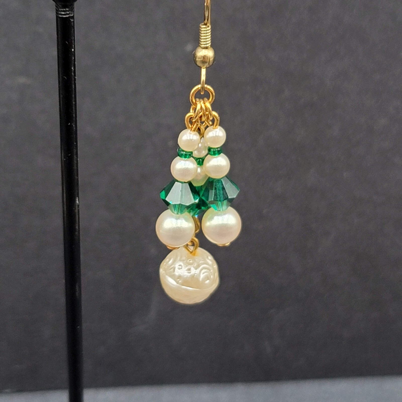 Vintage Pierced Earrings Faux Pearl Green Crystal Beads Dangle 1.5″