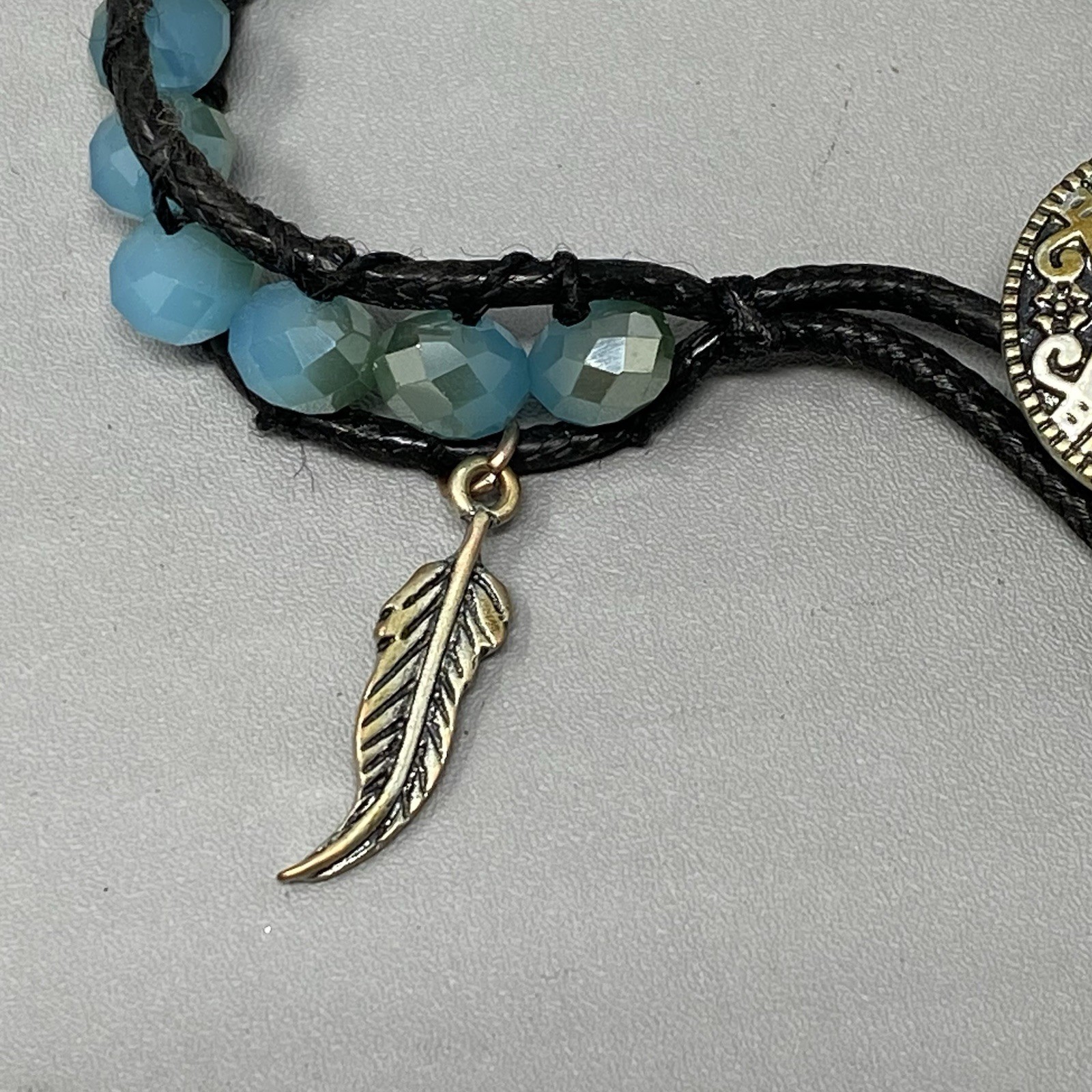 Glass Bead Bracelet Faux Leather Cord Blue Surface Coated Western Button Feather