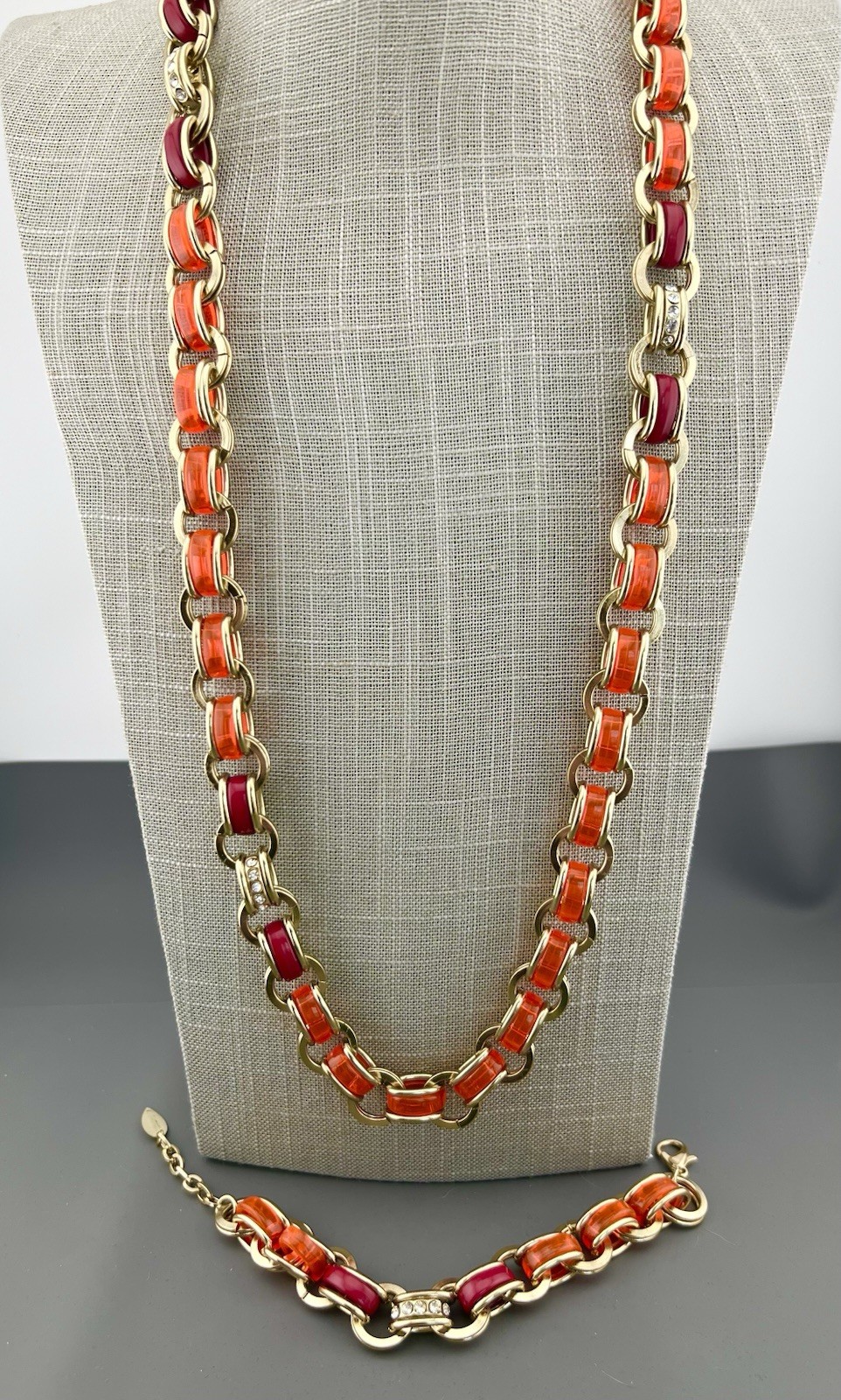 Coldwater Creek Necklace Bracelet Set Lucite Rhinestone Orange Gold Tone Signed