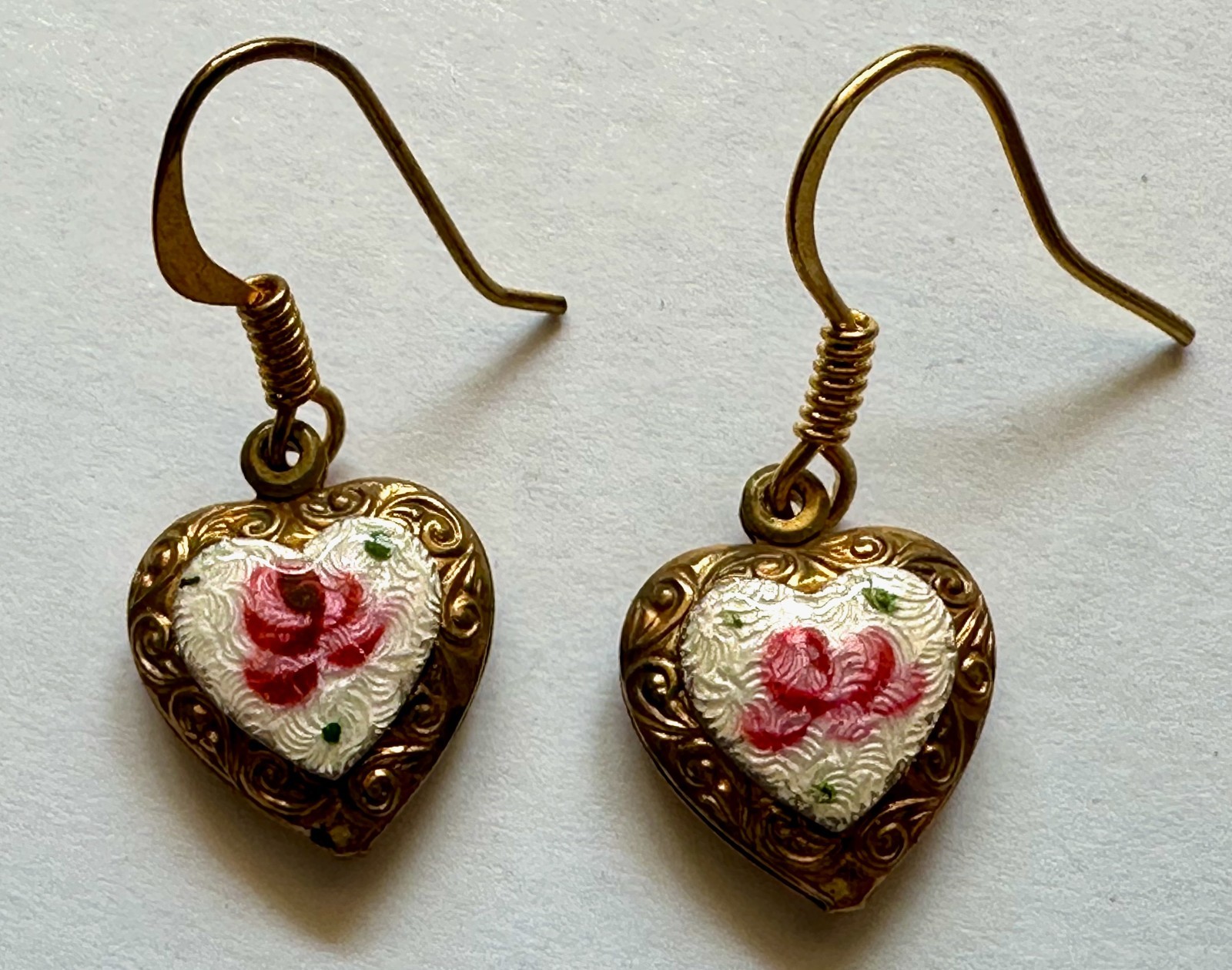 VINTAGE HEART PUFF GUILLOCHE PINK FLOWER BRASS CHARM 5/8 OF 1″ EARRINGS TINY