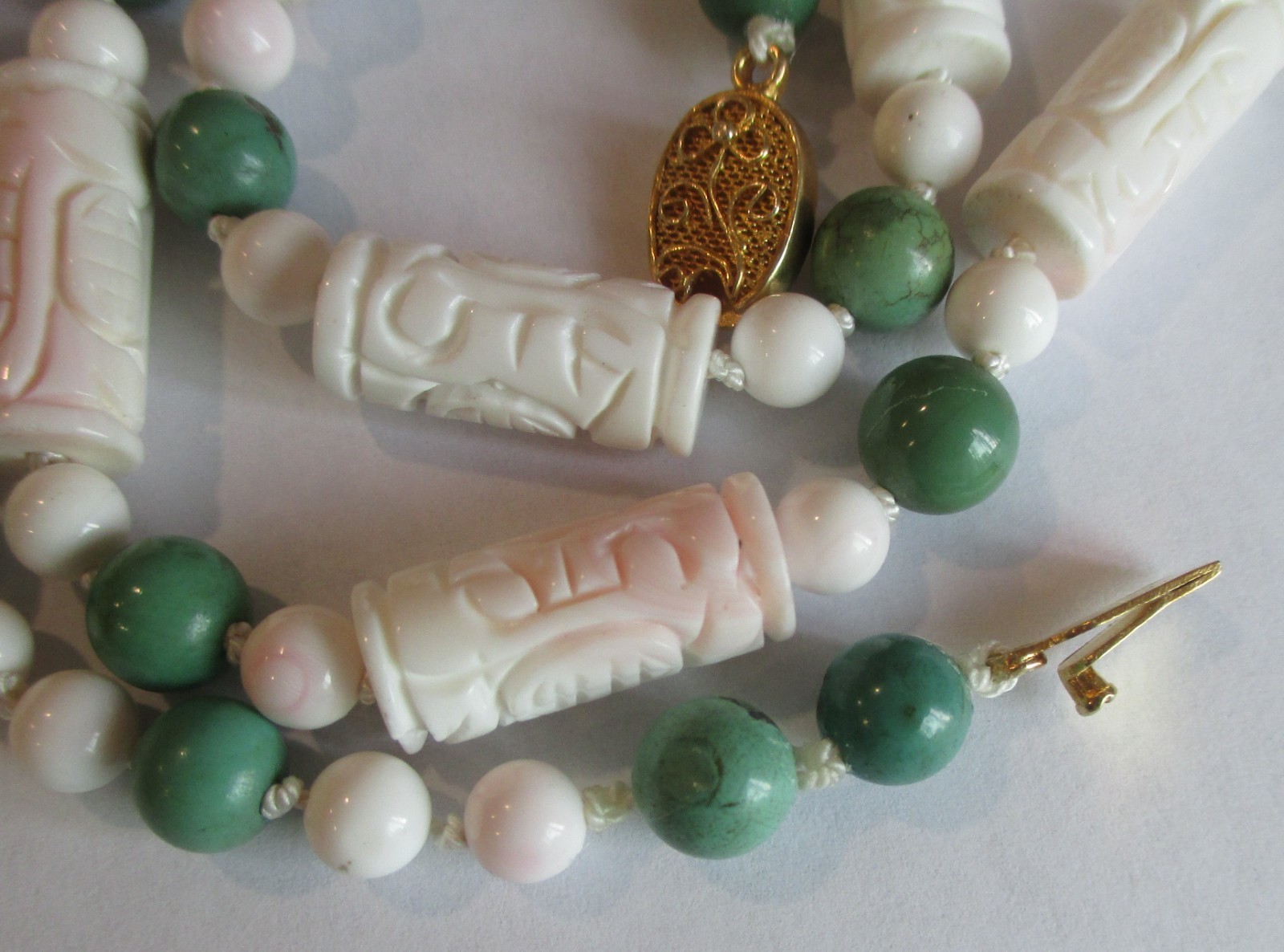 VINTAGE CARVED SHOU BARREL CONCH SHELL CORAL TURQUOISE BEAD NECKLACE STERLING