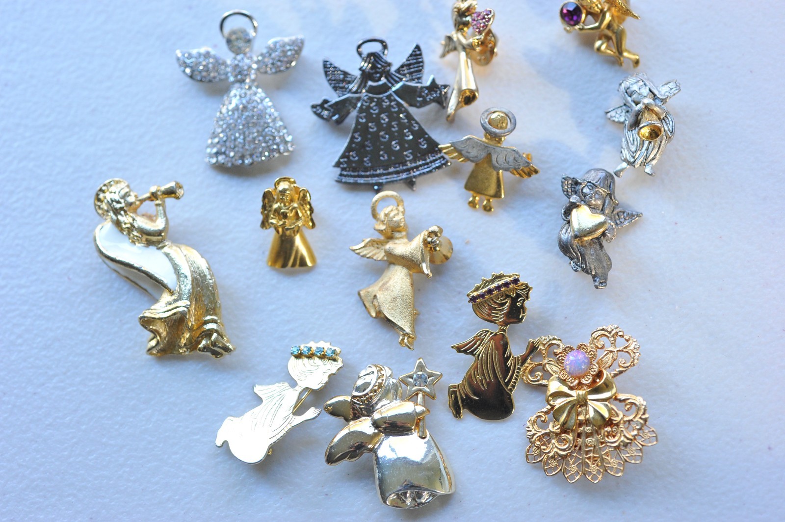 Large LOT ANGELS BROOCH pin gold silver rhinestone enamel 1 signed jane MN12