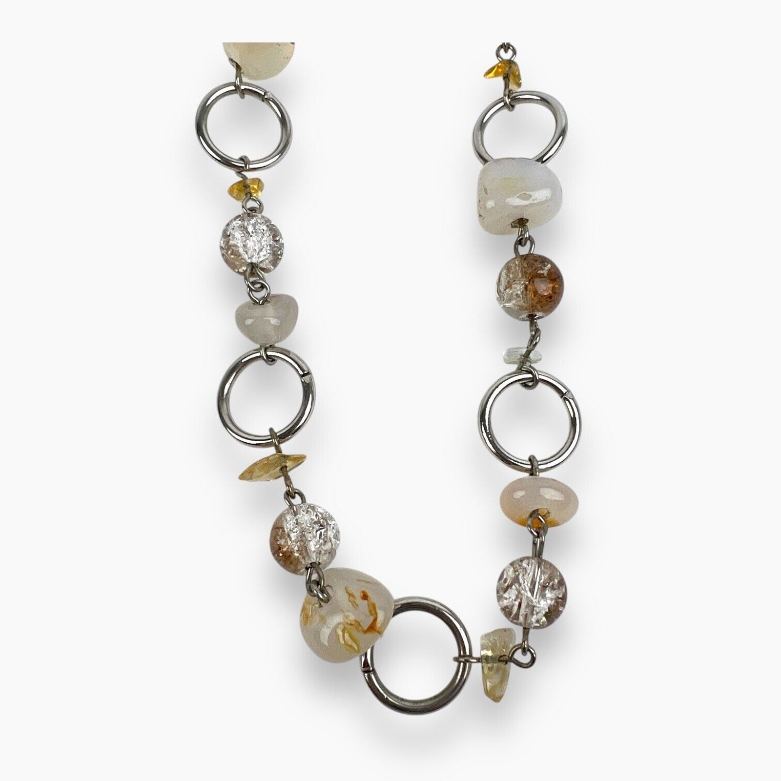 Cookie Lee Glass Beaded Necklace Natural White Brown Stone Silver Tone Vintage