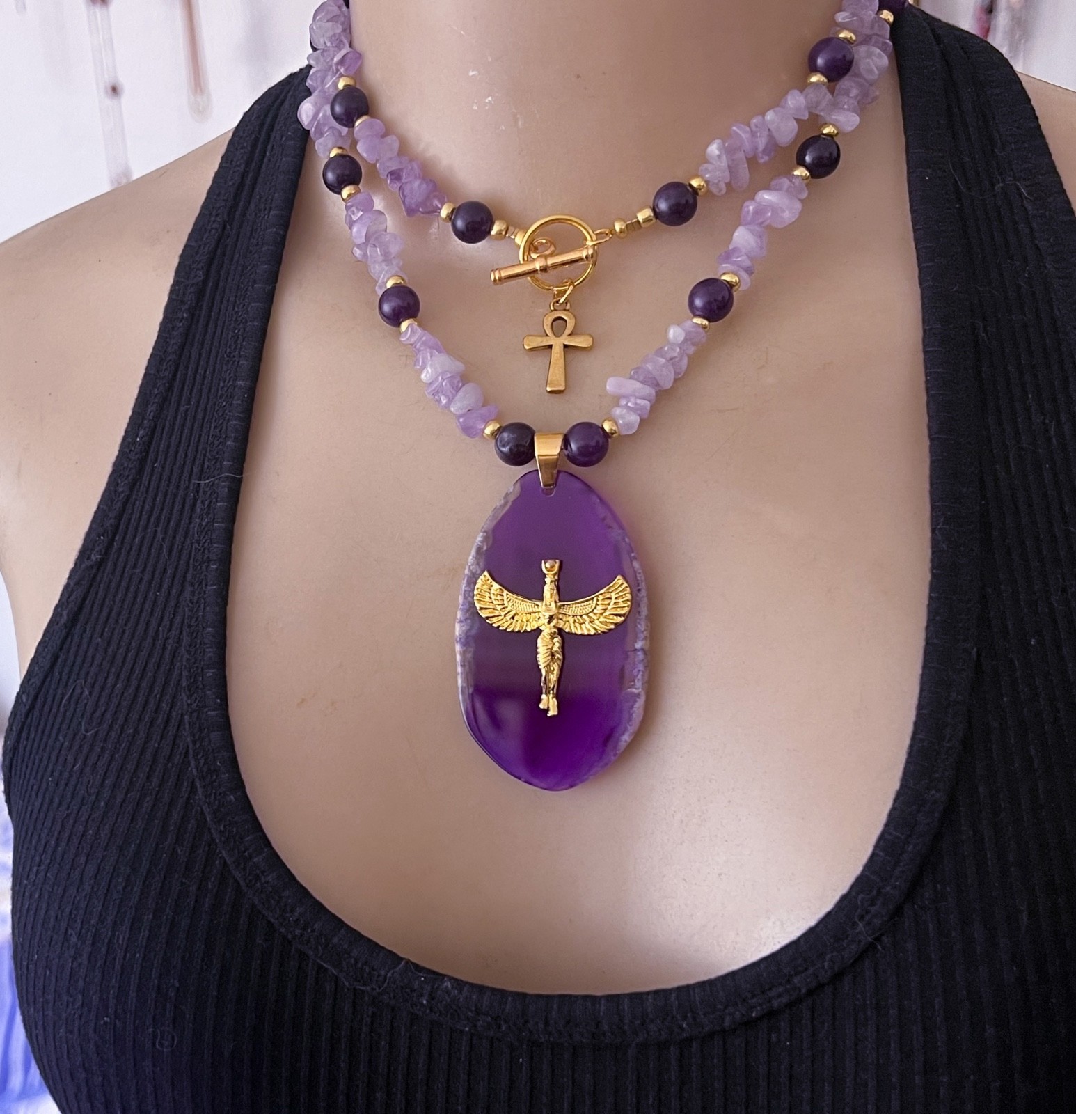 Artisan Necklace Egyptian Revival Goddess Pendant Amethyst Gemstone Beads