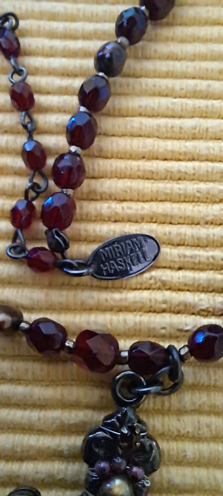Vintage Signed Miriam Haskell Garnet Red Glass Bead Deco Necklace w Beaded Cross