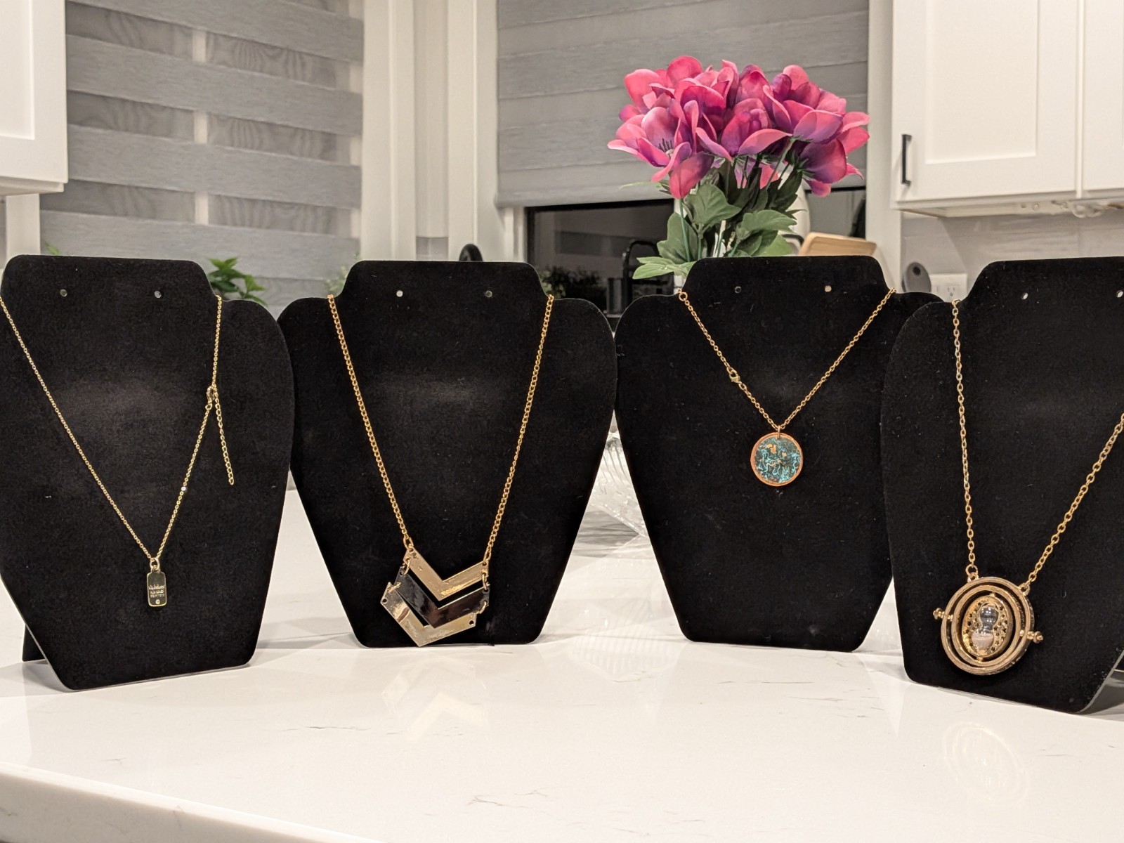 Lot of 4 Statement Necklaces | Chevron Geometric, Time Turner Style – Gold Tone