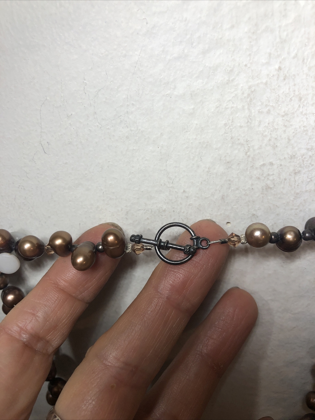 Vintage 925 Sterling Silver Root beer Pearl Bead Beaded Toggle Necklace 44g