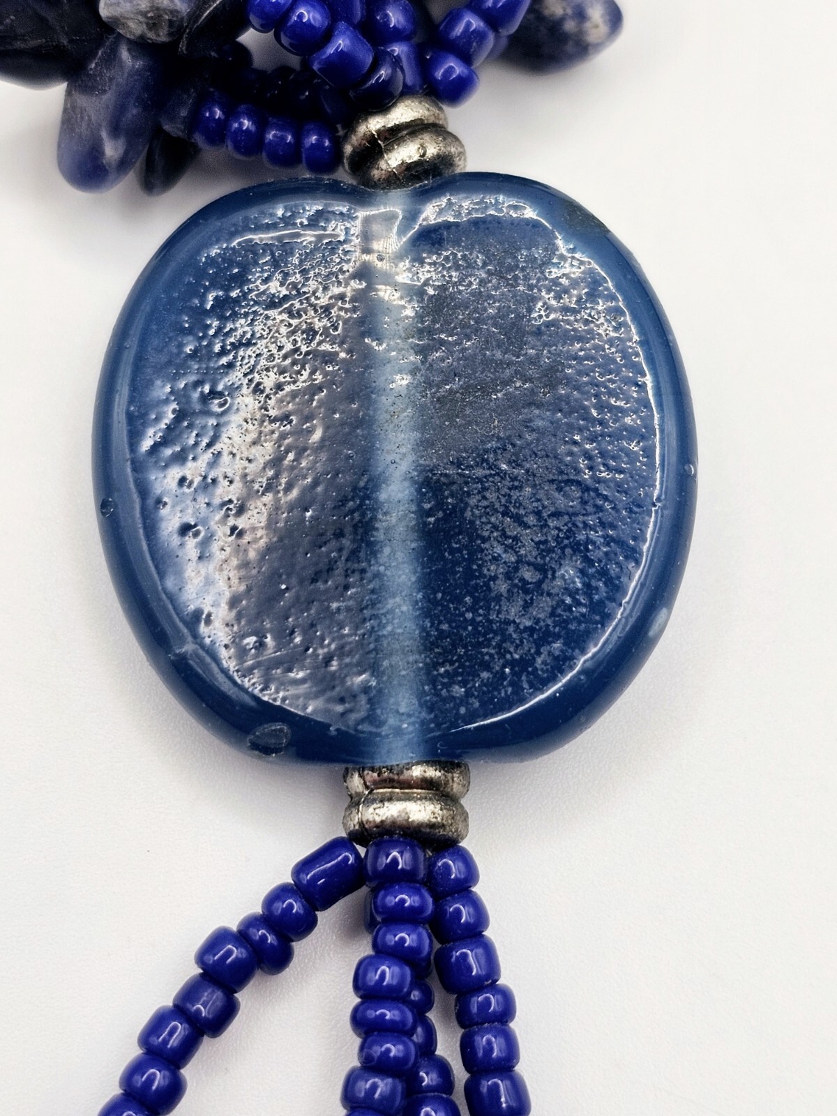 Vintage Glass Beaded Tassel Necklace Blue Native Boho Sodalite Southwestern