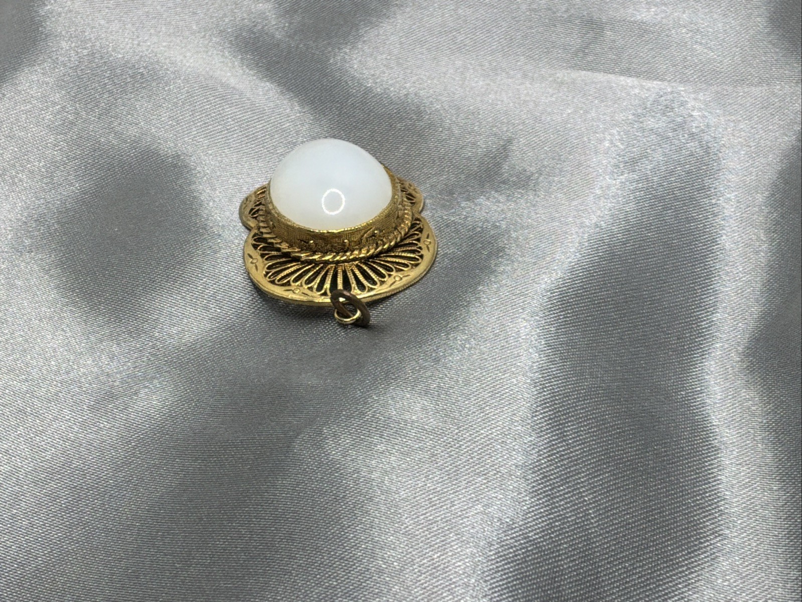 Vintage TACOA Pendant Opalescent Cabochon Stone Gold Tone Filigree Signed READ!