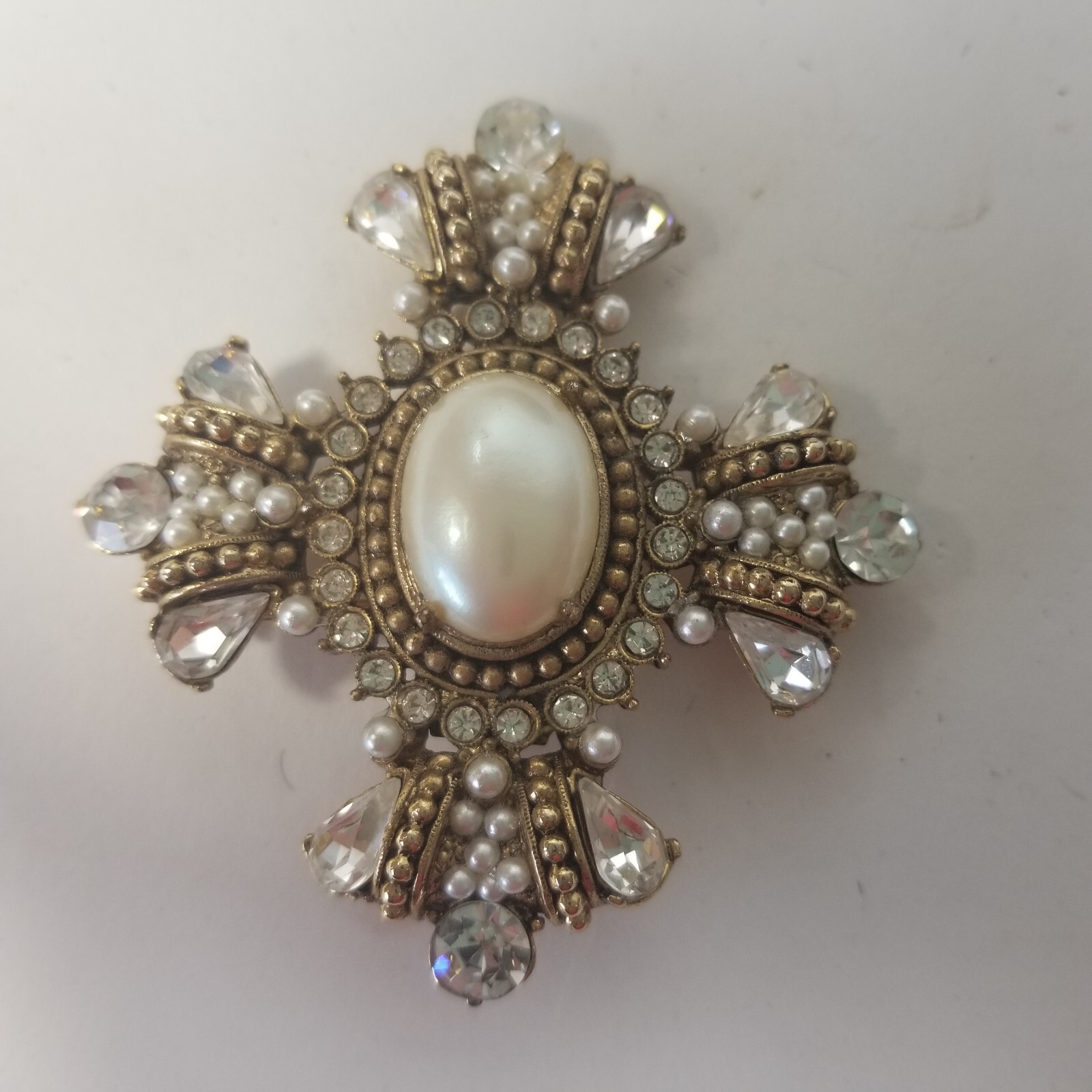 Maltese Cross Brooch Rhinestones Faux Pearls Gold-Tone VTG Designed By Paula