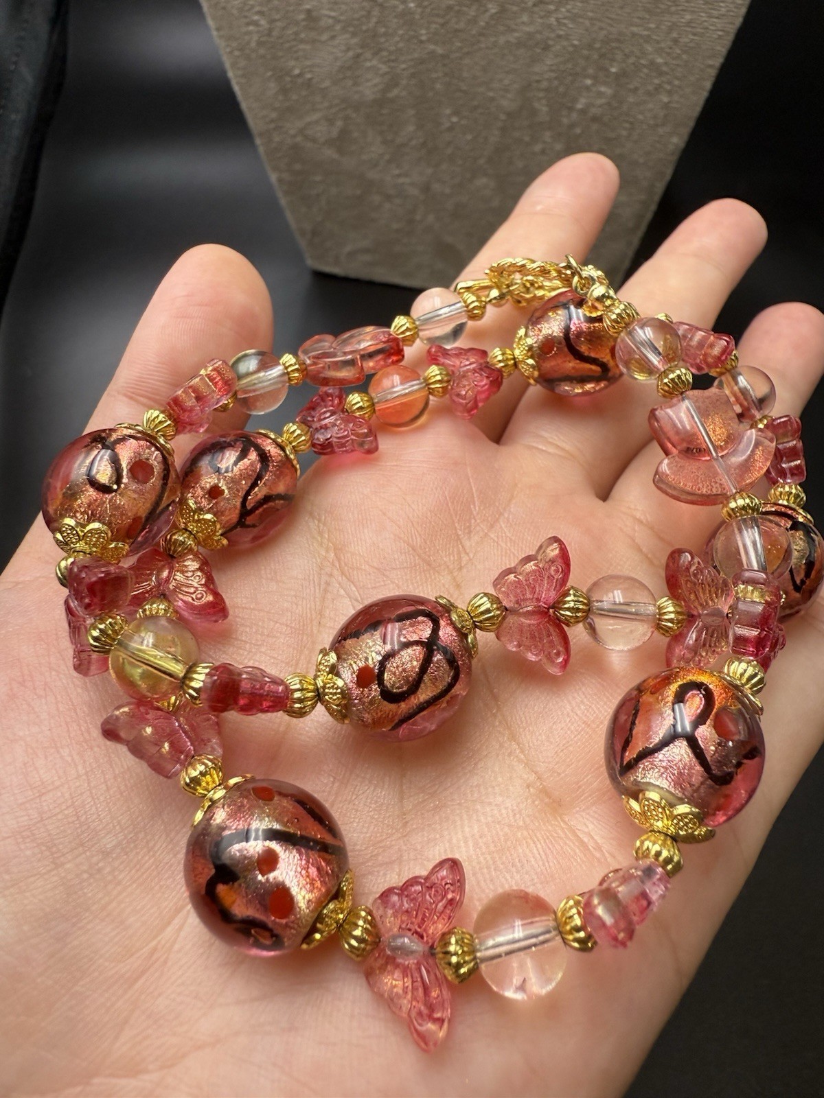 Italy Murano handmade glass colorful leaf necklace pink 45cm