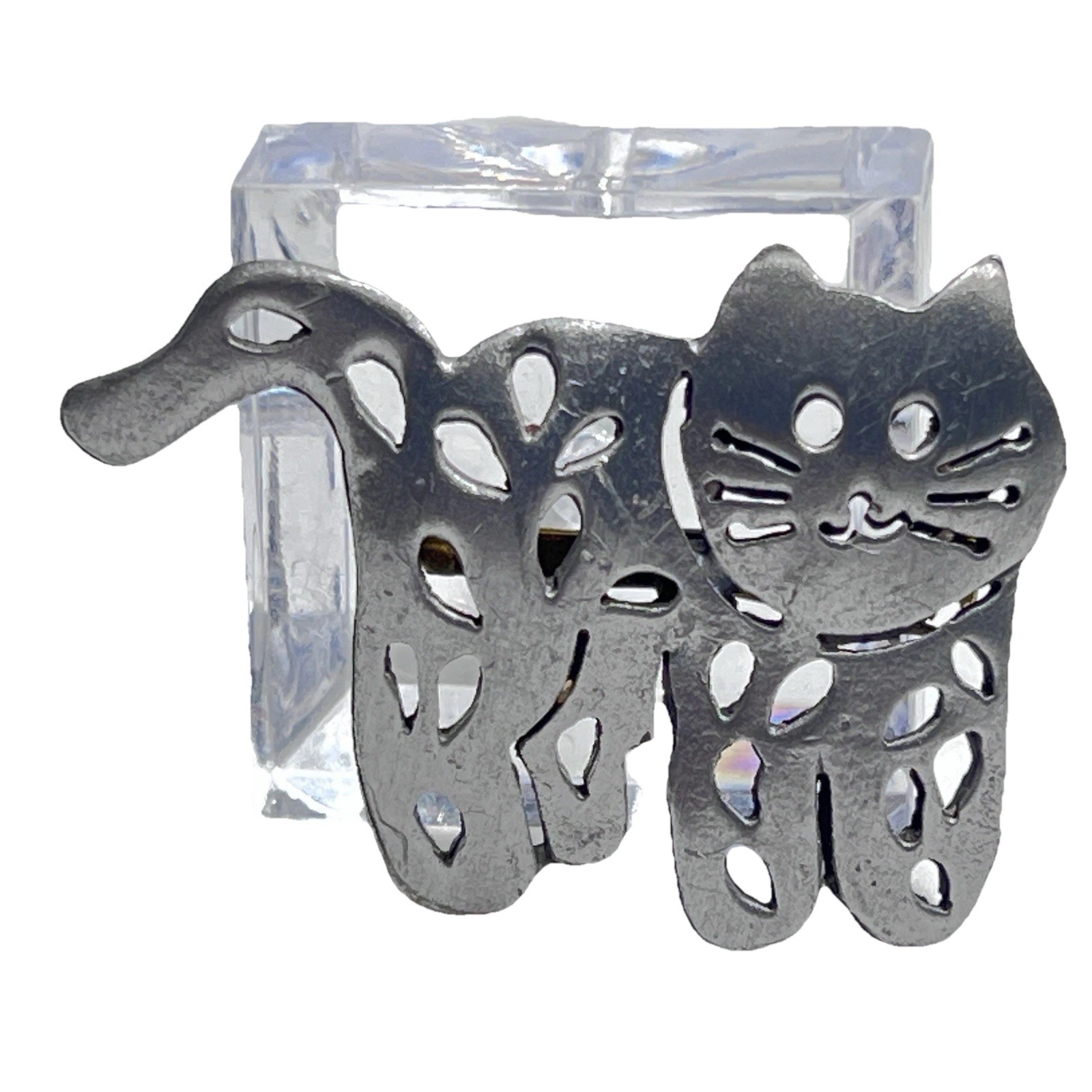 Vintage Pewter Cat Brooch Open Work Signature worn off Approximately 2″