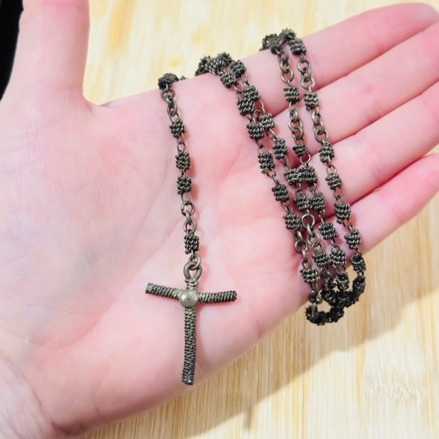 Gothic Style Rosary Necklace Devotional Rustic Chain Antiqued Wired Catholic VTG
