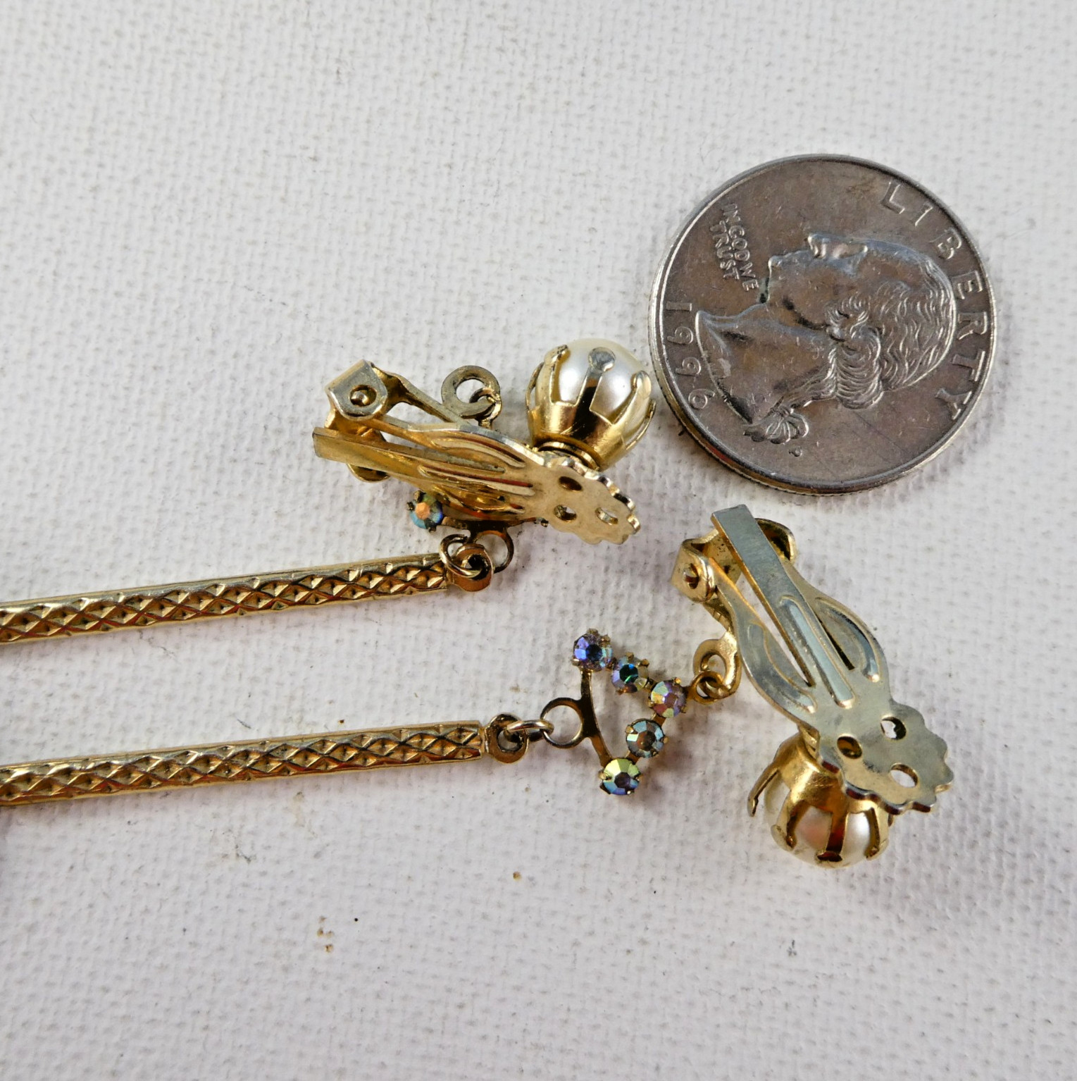 Vintage LONG Crystal Drop Dangle Earrings Clip On AB Glass Gold Tone