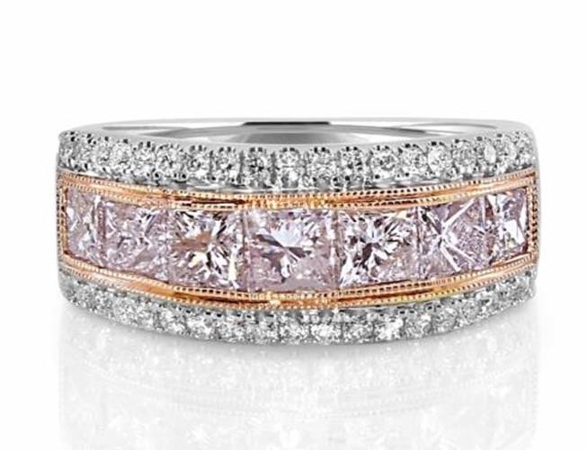 WIDE 2.80CT WHITE & PINK DIAMOND 18K WHITE & ROSE GOLD PRINCESS ANNIVERSARY RING