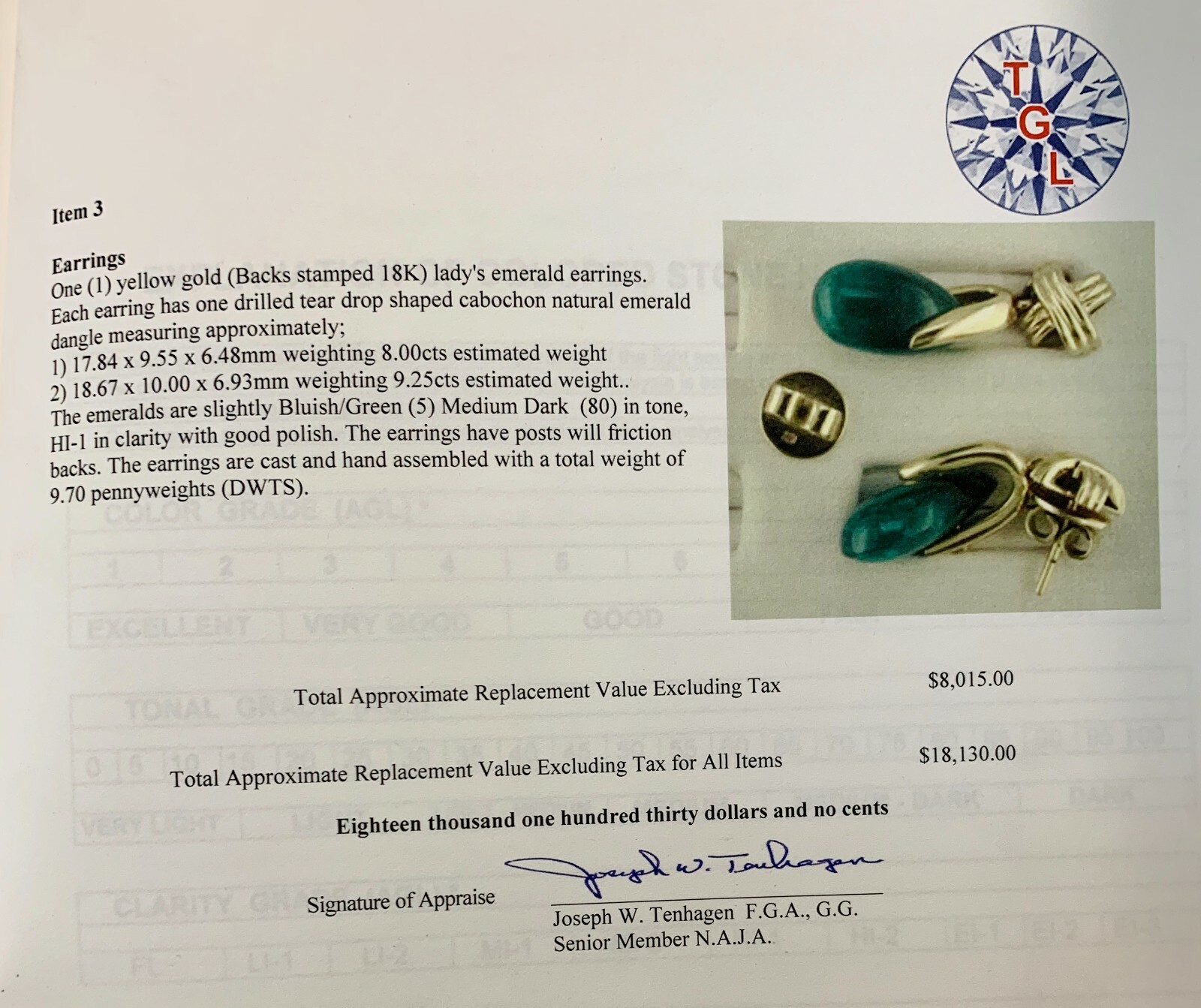CERTIFIED NATURAL COLOMBIAN EMERALDS 17.5 CTS IN 18K GOLD FINE EARRINGS~$8,015.0