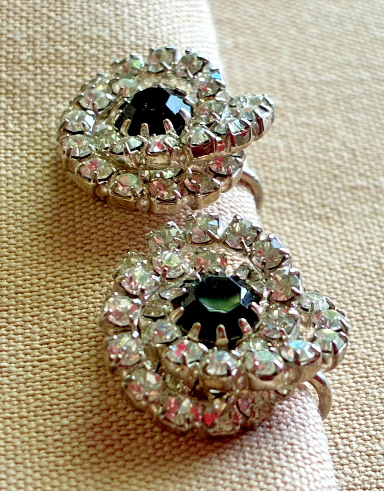 Vintage Black Clear Rhinestone Clip Earrings Double Halo Silver Tone 3/4″
