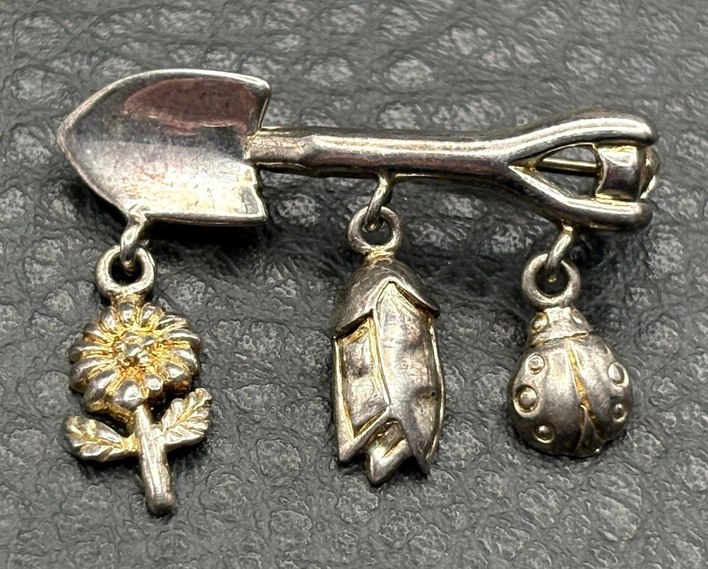 VTG Sterling Silver Garden Tool LADYBUG SHOVEL Sunflower Dangle Charm Brooch