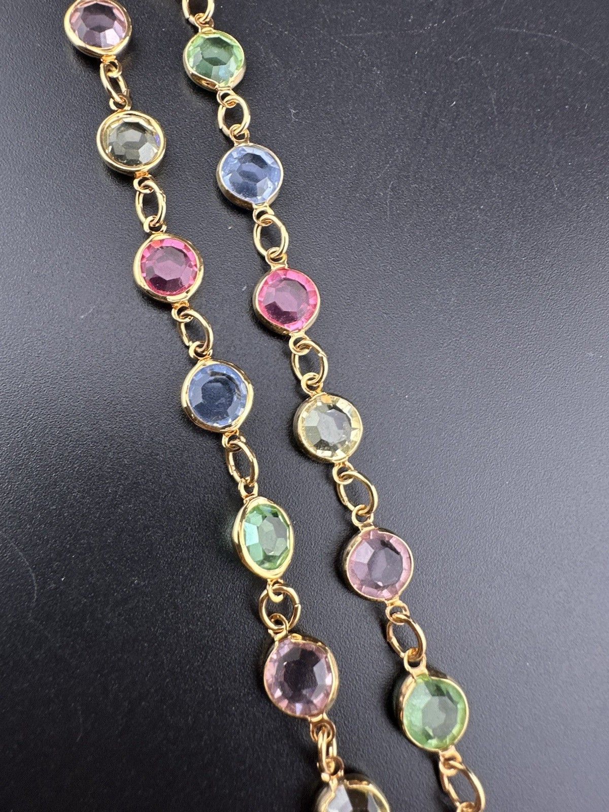 Rafaelian Vintage Long Necklace Open Bezel Austrian Crystal USA Multi-Color 30”