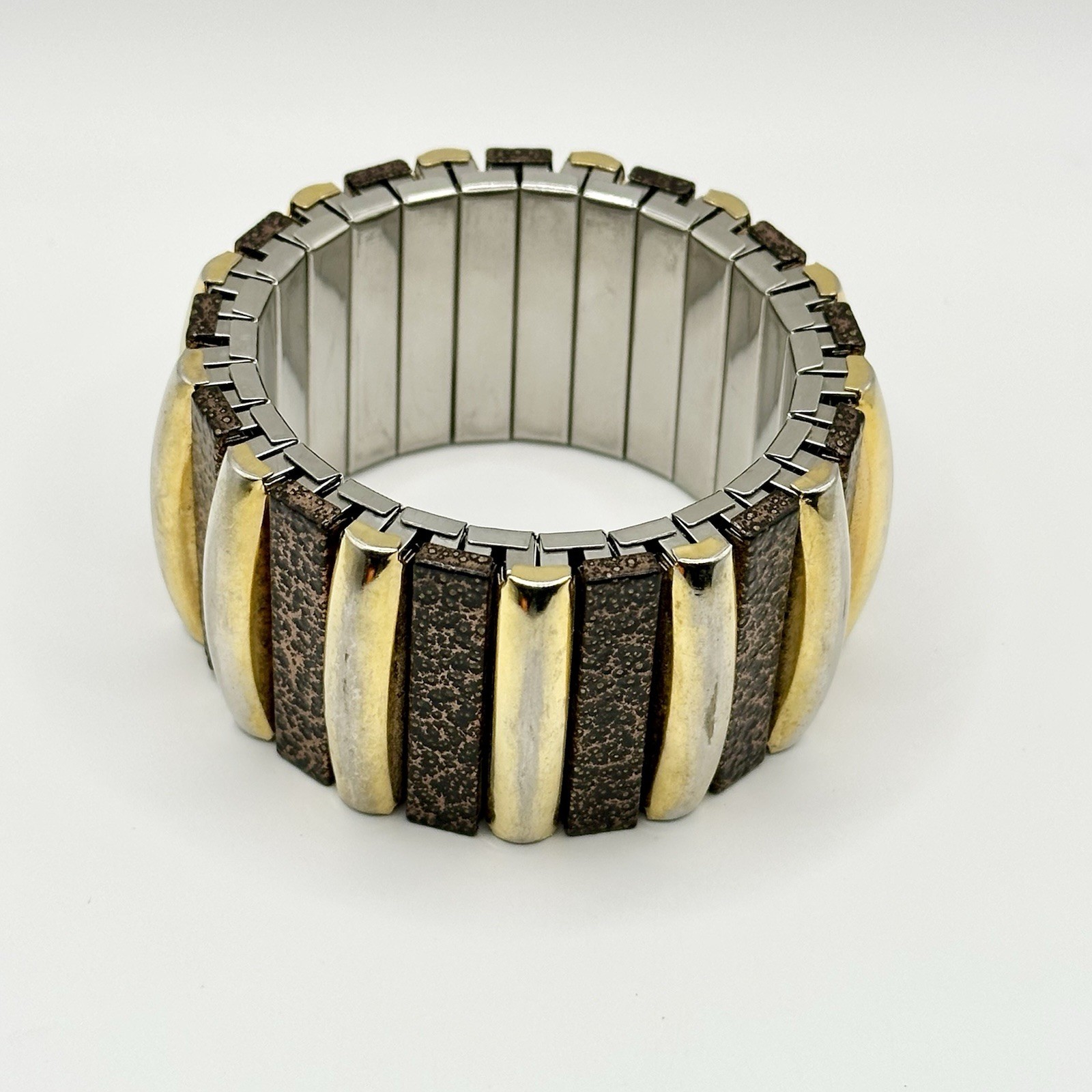 Vintage Chunky Gold Tone Stretch Expansion Bangle Bracelet Panel Modernist