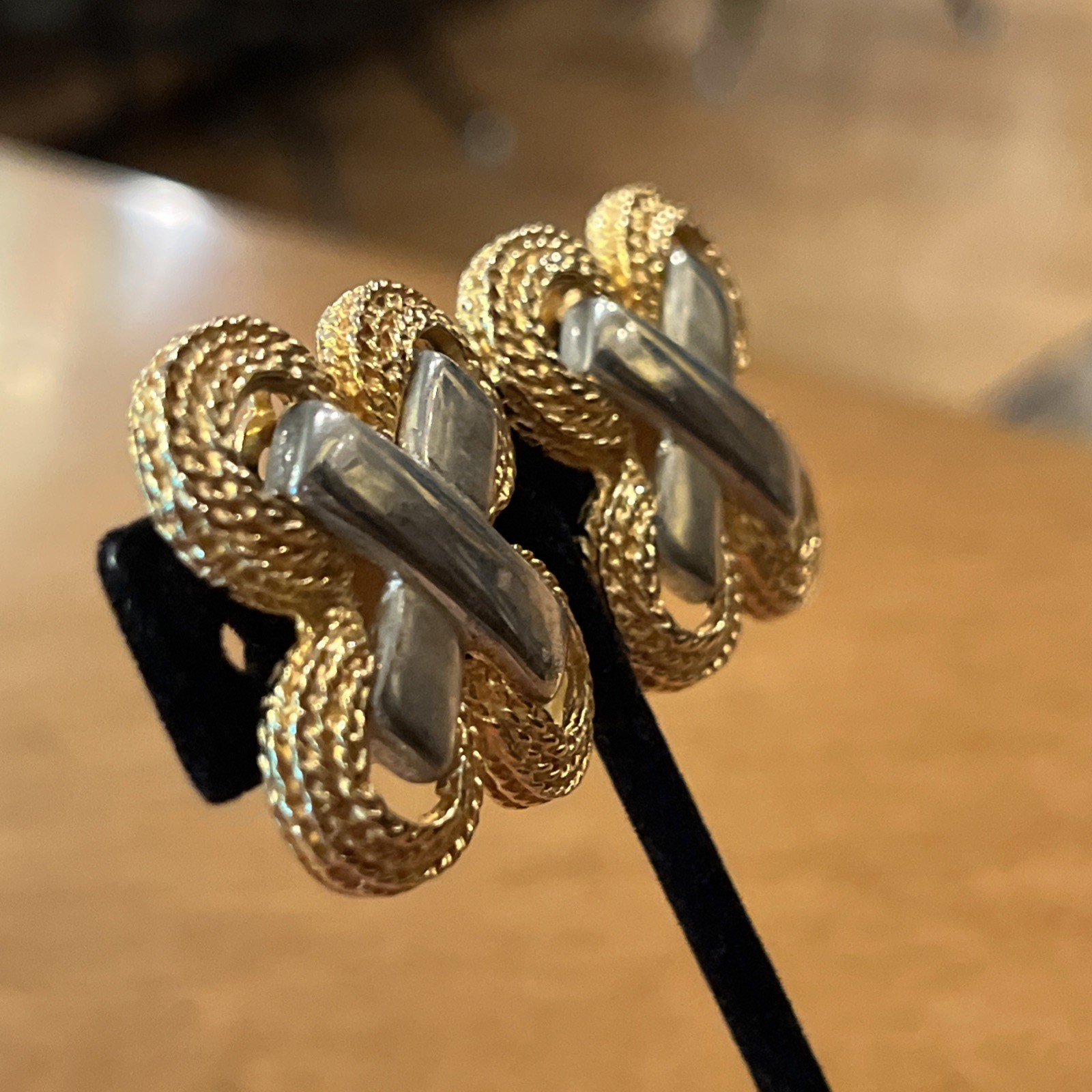 Vintage Gay Boyer Two Tone Gold Silver Braided Statement Clip On Earrings 1980s