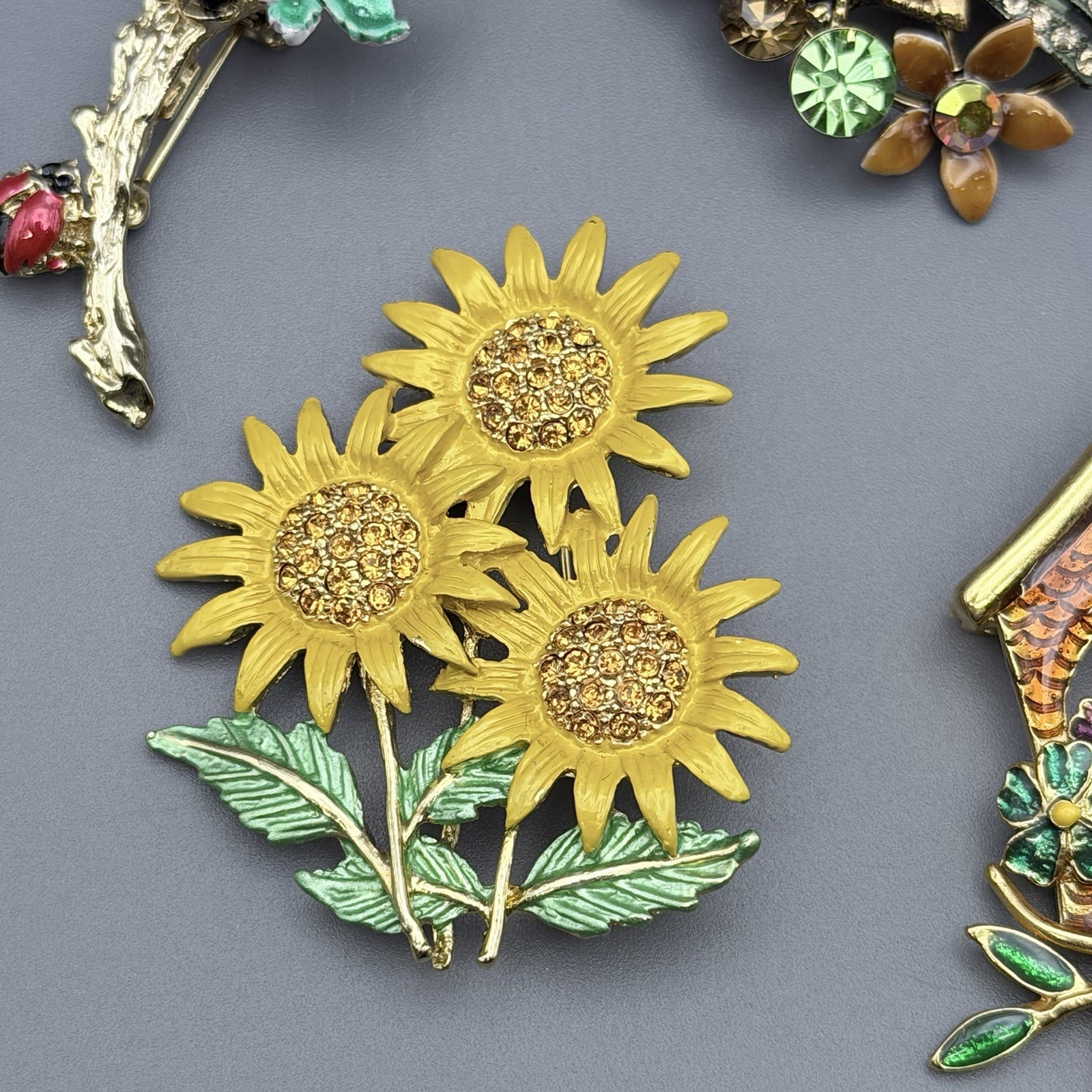 Gardening Brooch Lot Of 4 Sunflowers Birdhouse Rhinestones Enameled Gold Tone
