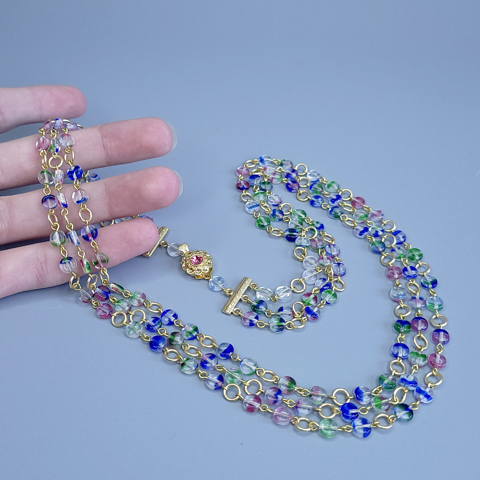 Iris Glass Necklace 22” Multicolor Czech Vintage Beads Women`s Jewelry