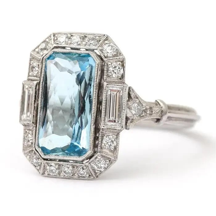 4.98Ct Art Deco Style Emerald Cut Lab-Created Aquamarine 14K White Gold FN Ring